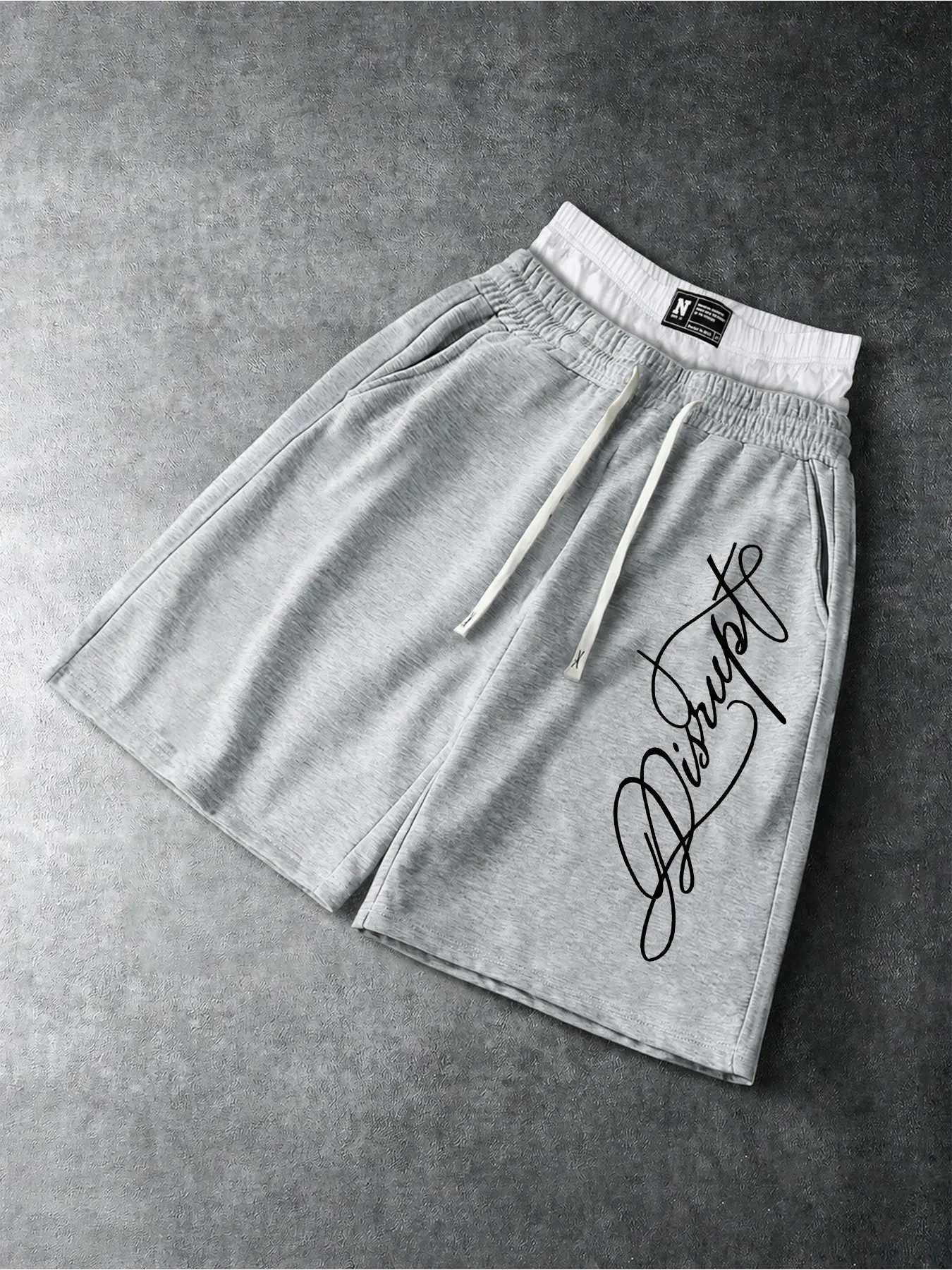Chicano Tattoo Cursive Signature Graphic Baggy Loose Sweat Shorts, Sporty Breathable Shorts, Unisex Thin Breathable Polyester Street Athletic Shorts With White Waistband Relaxed Above Knee Fit For Men Teen Rapper Gym Festival Activewear