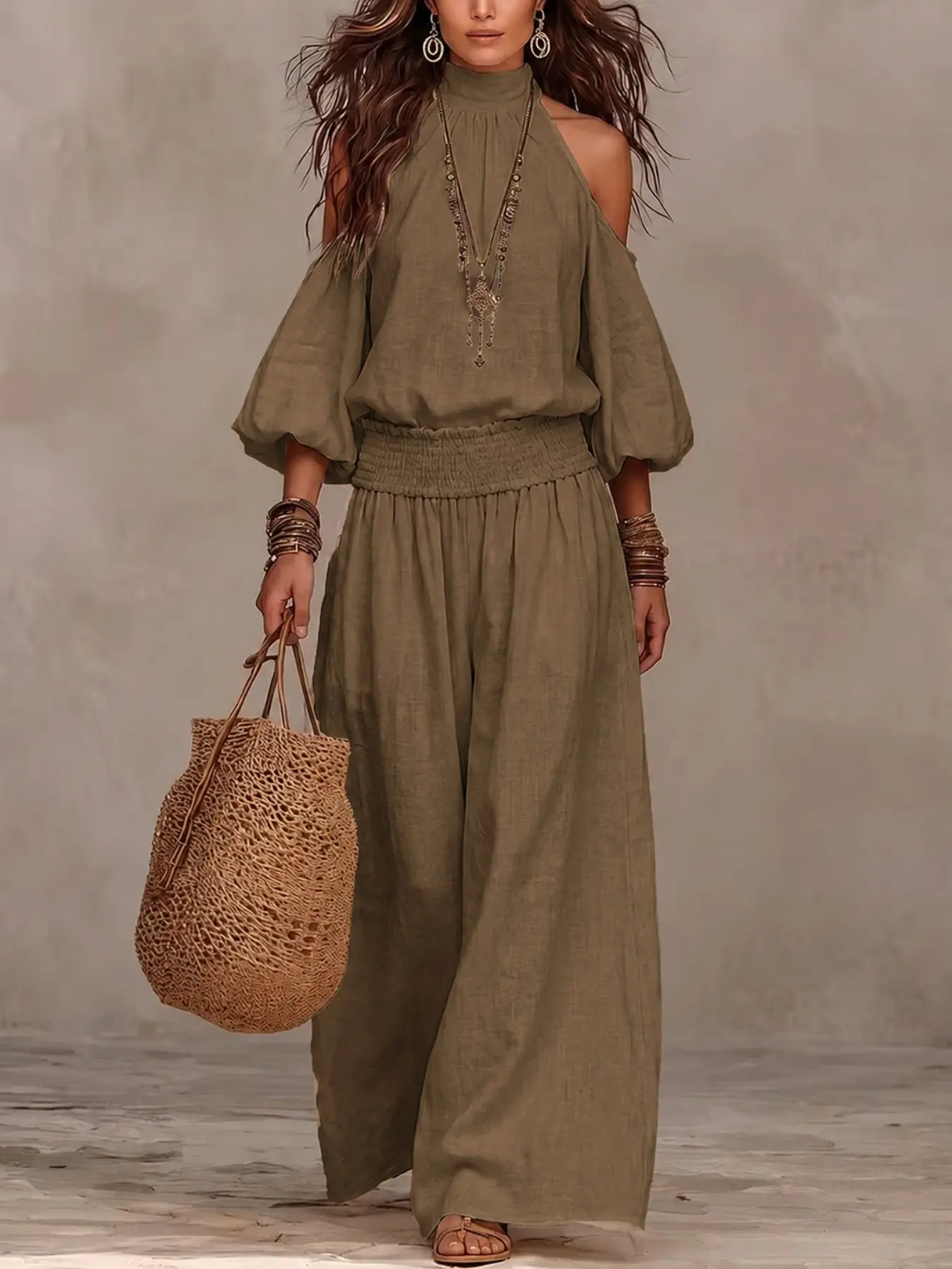 2-Piece Set European Style Loose Fit Linen Halter Neck Off-Shoulder Vacation, High-Waisted Wide-Leg Pants Bohemian Ensemble