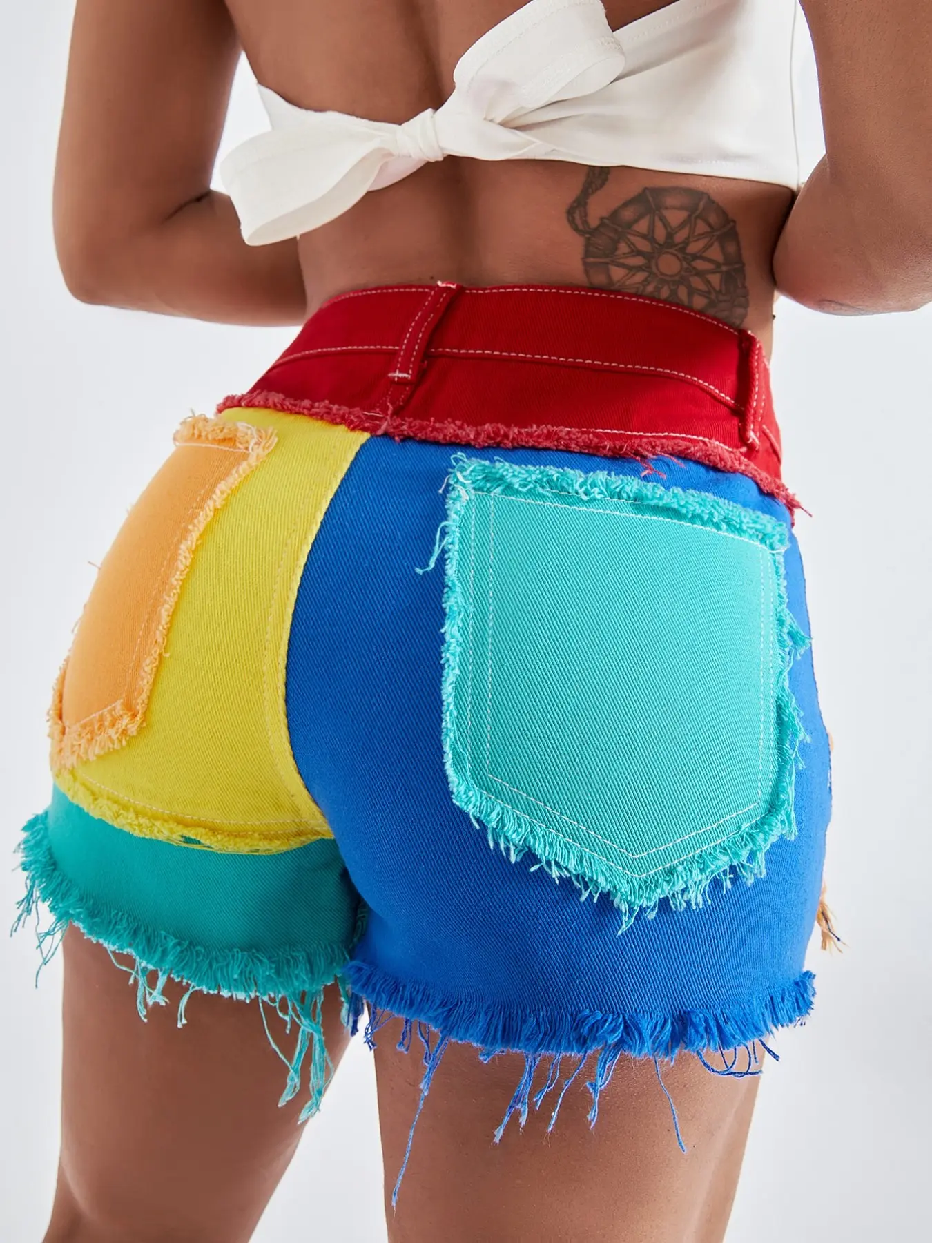 Denim Colorblock Mid-Waist Button Shorts, Fitted Fashion Shorts, Fitted Denim Short Pants, Bottom, All-Season Wear, Plain Surface, Unlined, Lightweight (88.2g/m²)