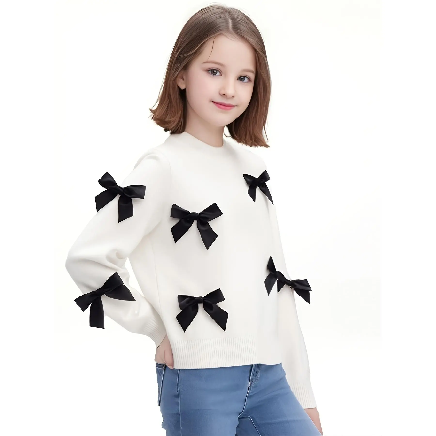 Girl' S Bow Crew Neck Pullover Sweaters Girl Children Long Sleeve Knitted Sweater