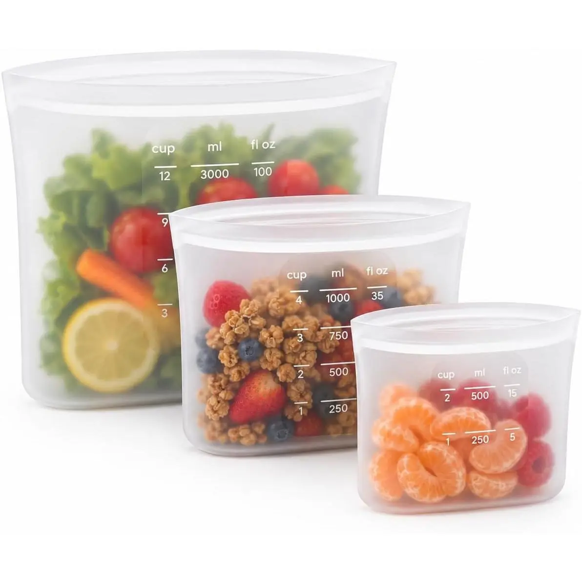 Silicone Food Storage Bags, 3 Pack (500ml, 1000ml, 1500ml), Leakproof Design, Freezer, Microwave & Dishwasher Safe, Reusable Ziplock Bags for Meal Prep