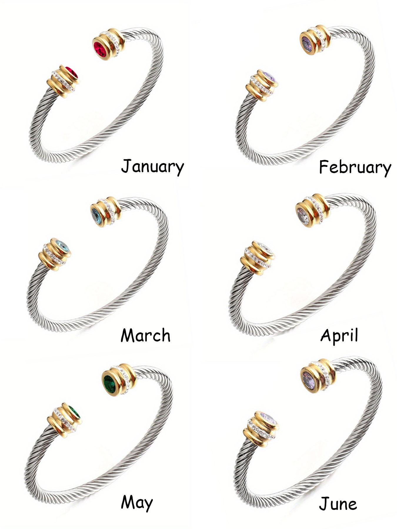 Unisex Casual Fashion Stainless Steel Birthstone Cuff Bracelet, Zinc Alloy Material, All-Season Wear, Rhinestone Design Bangle Bracelet