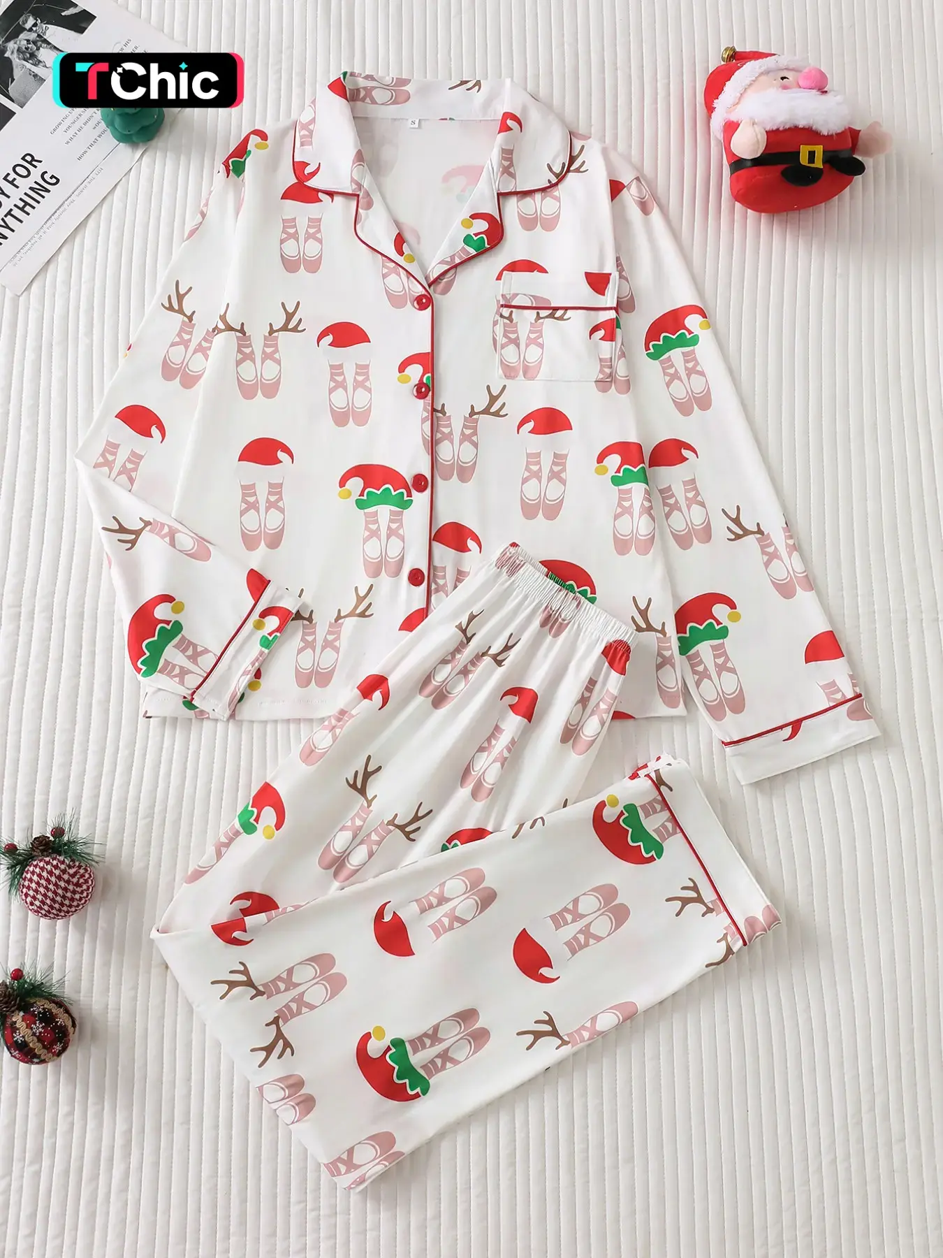 Two-Piece Christmas Elf Bootie Deer Antler Print Women's Pajamas Pjs, Soft Satin Fabric, Comfortable Loose Fit, Button Front, Long Sleeve Top & Pants Set