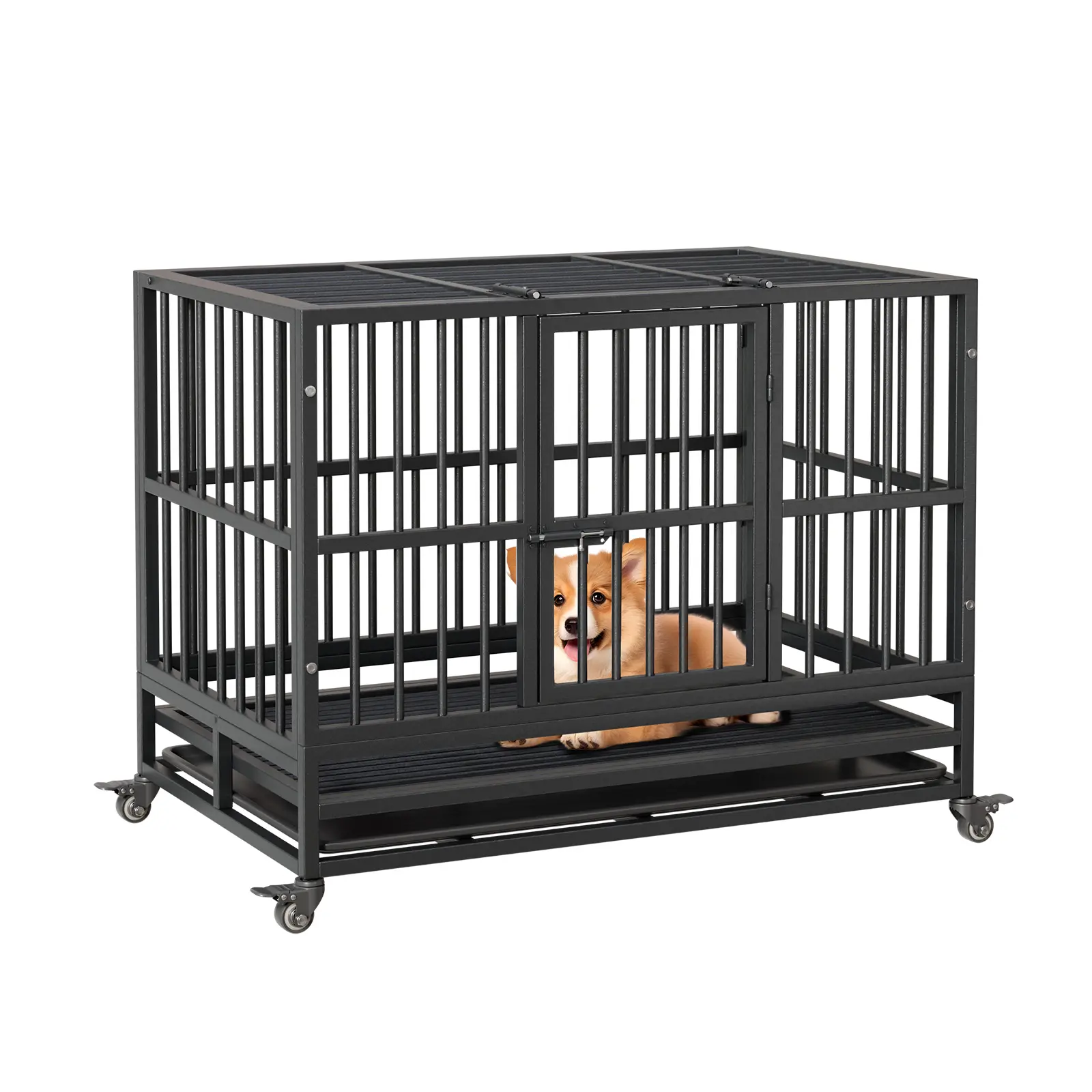 Heavy Duty Steel Dog Crate - Stackable, Collapsible Kennel with Double Doors, 360° Lockable Wheels, Removable Tray, Easy to Clean, Escape-Proof for Medium to Large Dogs (37/48 in Options), Kennels