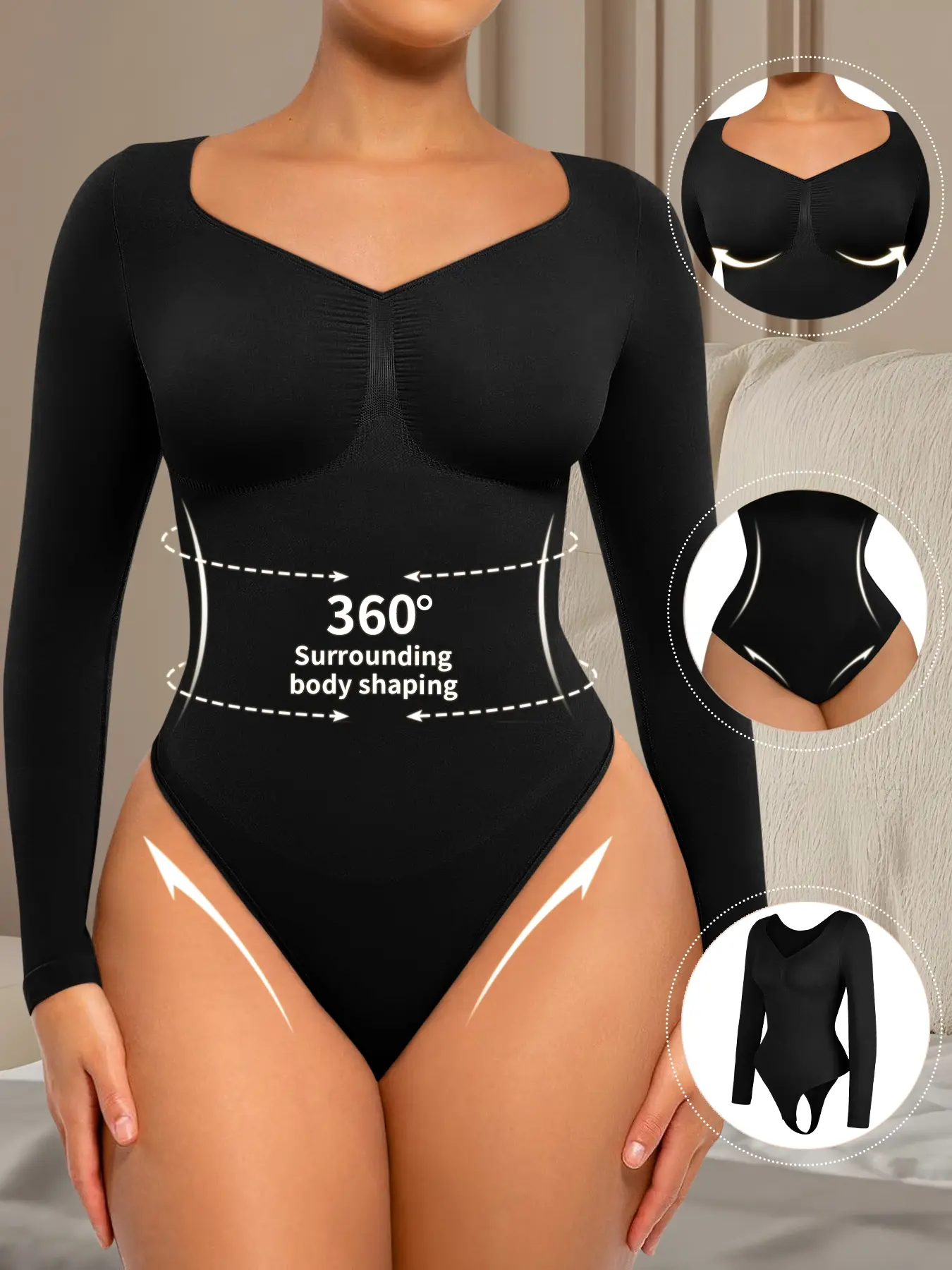 Women's Long Sleeve Shapewear Bodysuit for Tummy Control Flat Belly Shaper Seamless Body Suits Thong V Neck Going Out Tops , Casual All Seasons Wear
