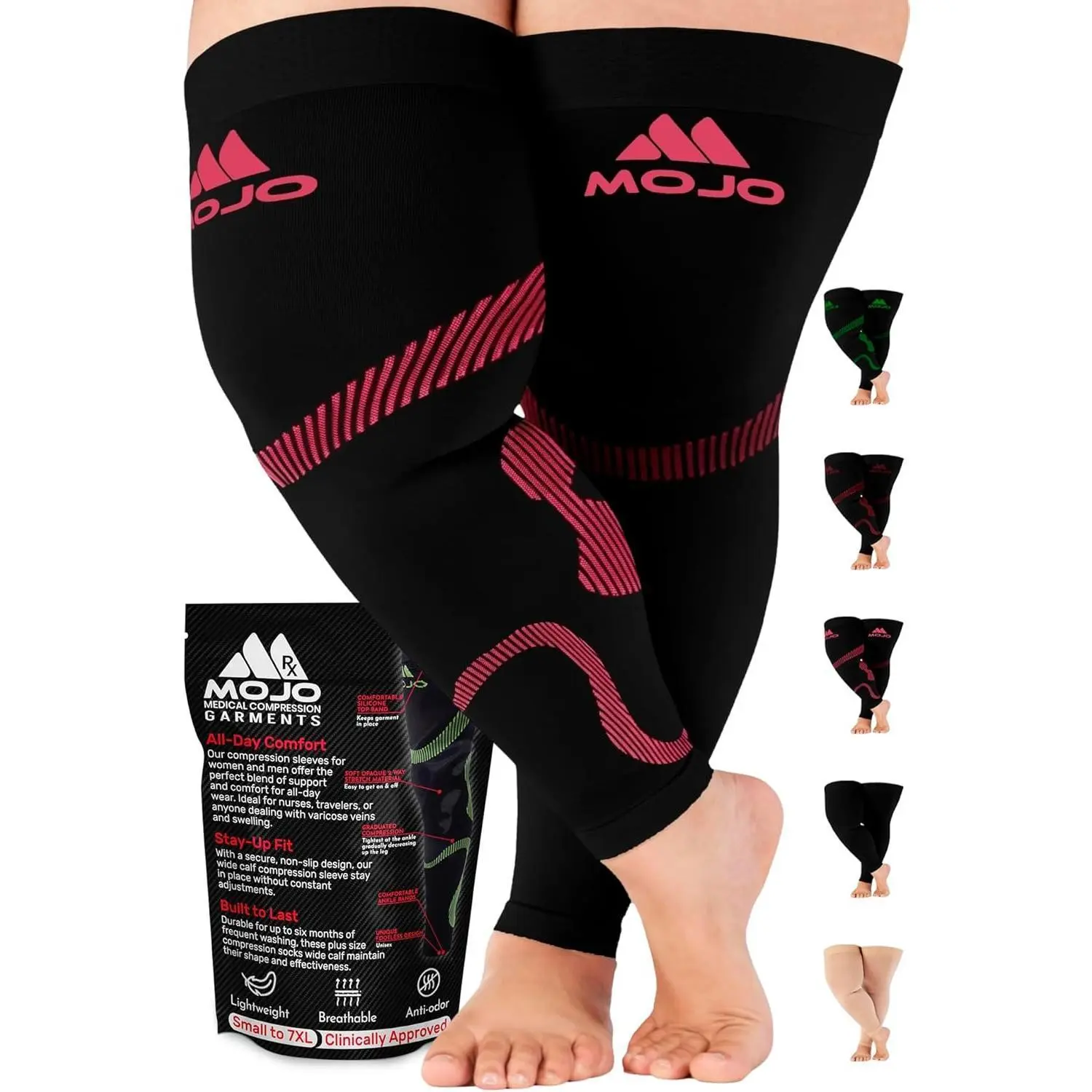 Thigh-High Compression Leg Sleeves, 1 Pair of Nylon Sleeves with Grip Top for Men & Women, 20-30mmHg Graduated Healthcare Support for Swelling & Varicose Veins, Legs
