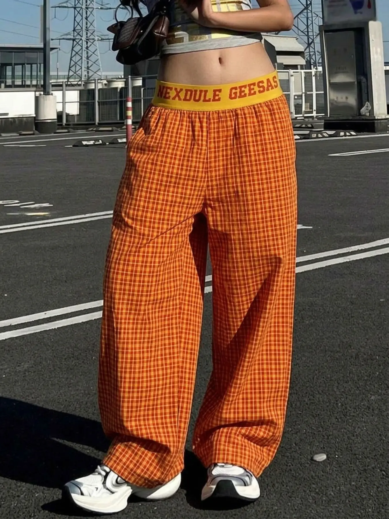 Women Retro Streetwear Wide Leg Long Pants Orange Tiny Gingham Plaid Bright Yellow Elastic Waistband With Red Letter Print Oversized Flowy Loose Palazzo Trousers Side Pockets Y2K Hip Hop Bottoms