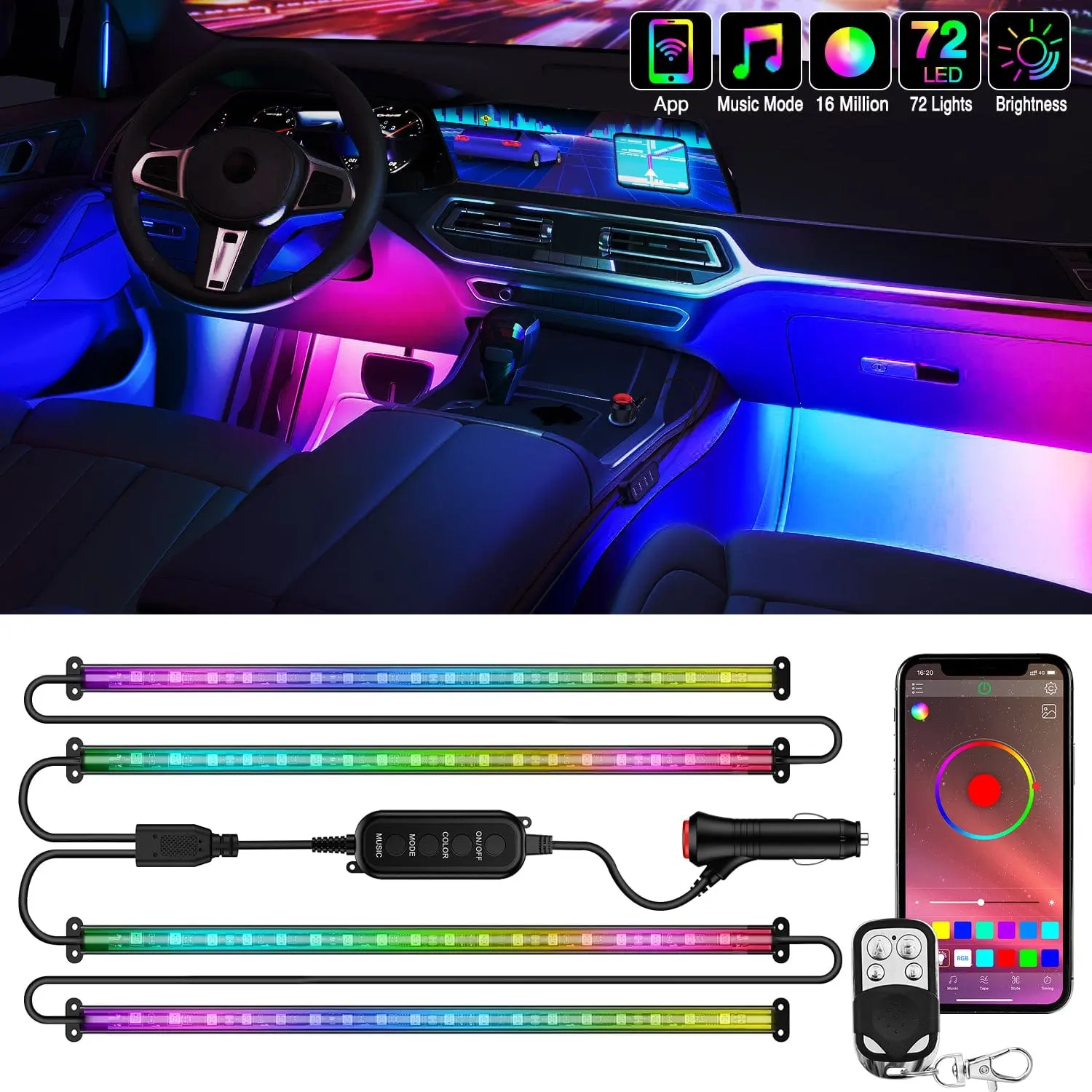 Nilight 72 LED Interior Car Strip Lights RGB-IC Dream Color 12V DC with App RF Remote Control Multicolor Under Car Dash Lighting 2 Lines Design Music Sync Mode for Cars Truck ATV UTV safe accessory