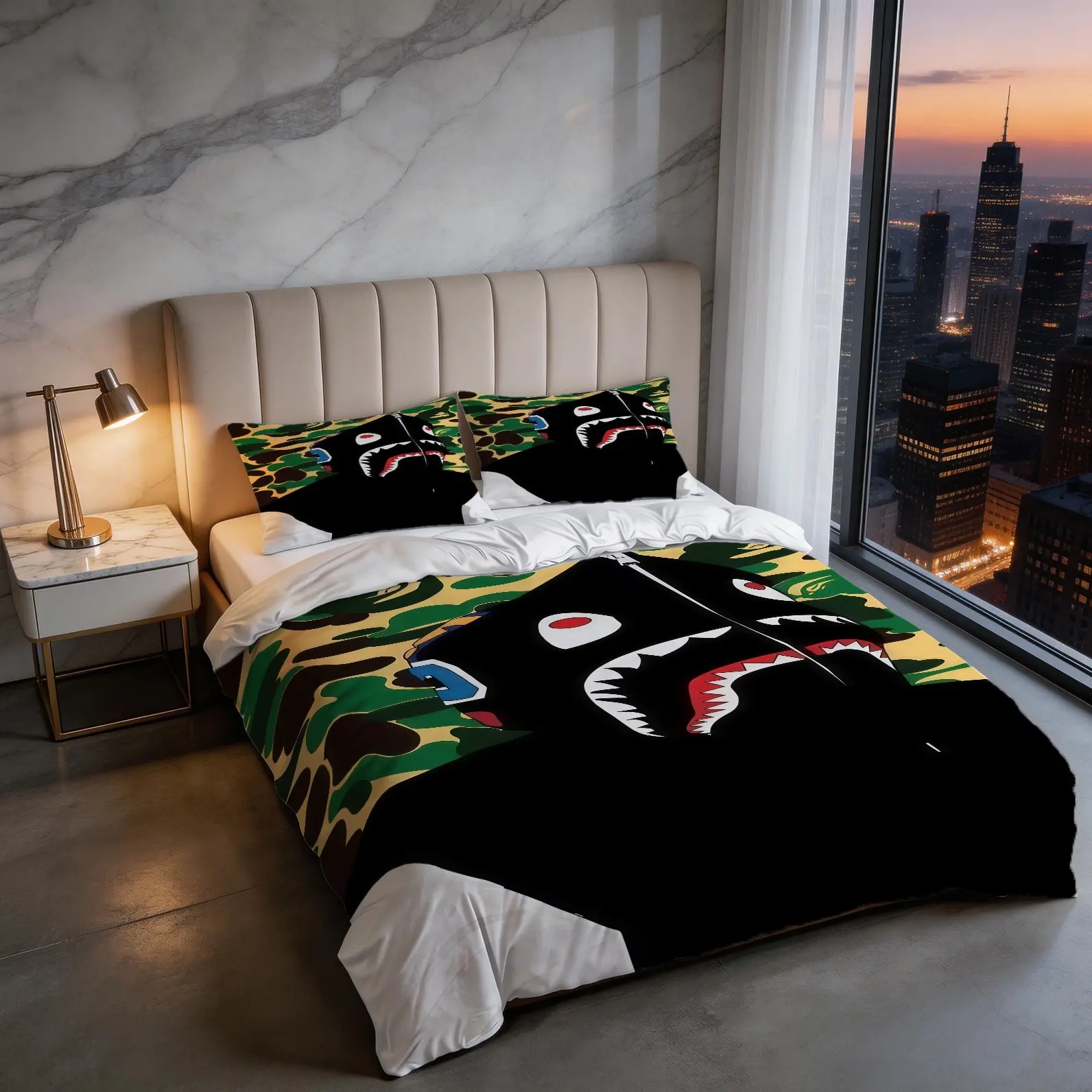Camouflage Shark Head Pattern Duvet Cover Set, Bed Covers, Including 1 Duvet Cover And 1 Or 2 Pillowcases, Excluding Duvet Core And Pillow Core, Hip-Hop Street Cool Atmosphere, Bedroom Print Bedding Set For Teenagers And Adults