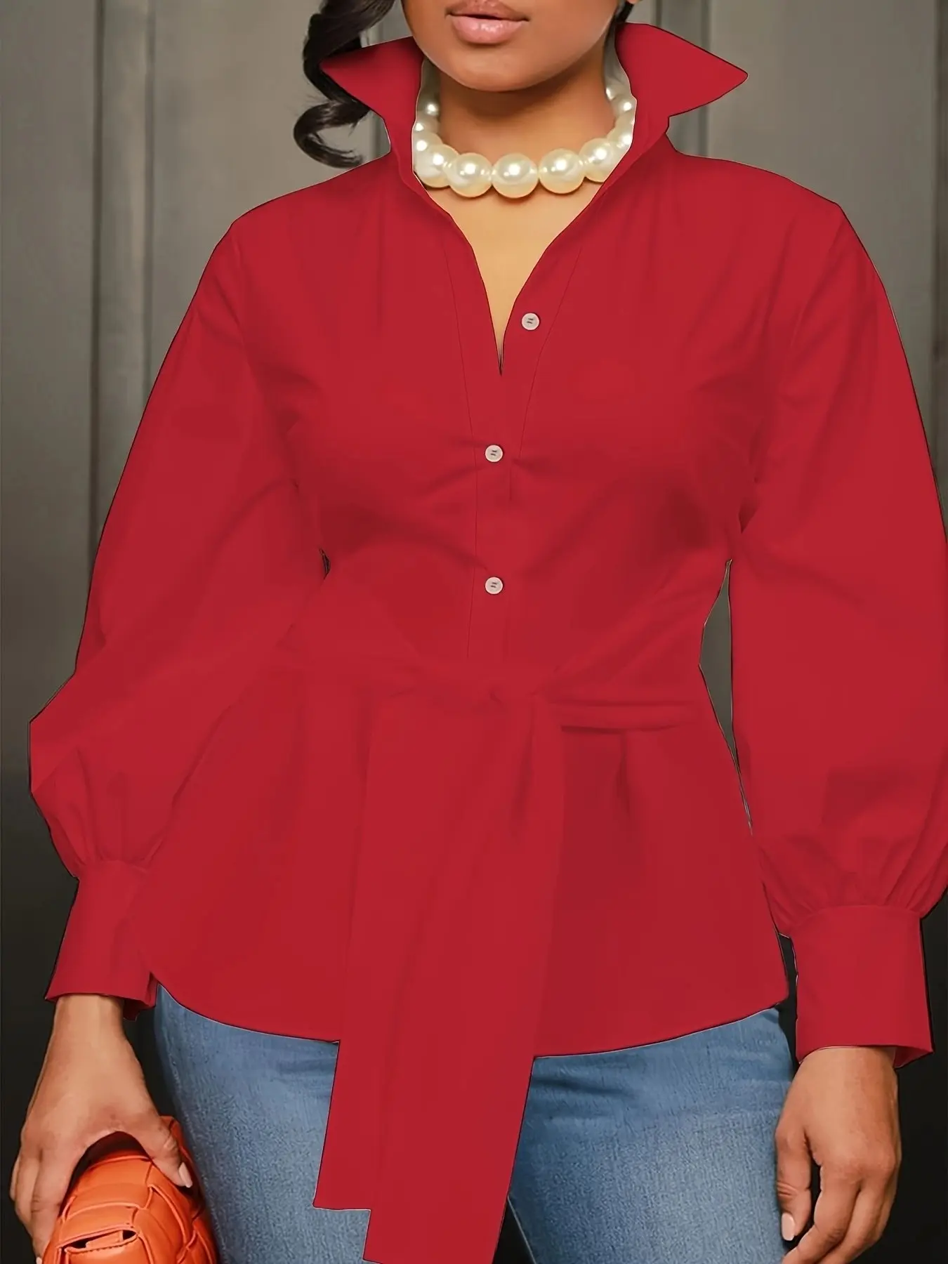 Plus Size Stand Collar Shirt, Elegant Office Blouse, Lantern Sleeve, Tie Waist Ruffle Top, Perfect for Plus Women, Spring & Fall
