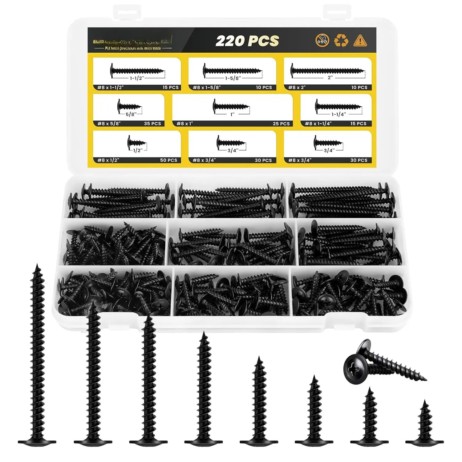 220 count #8 Truss  Black  Screws  Kit, High Hardness  Screws Set, Phillips Drive  Screws, Contain 8 Size (2”,1-5/8”,1-1/2”,1-1/4”,1”,3/4”,5/8”,1/2”), Black