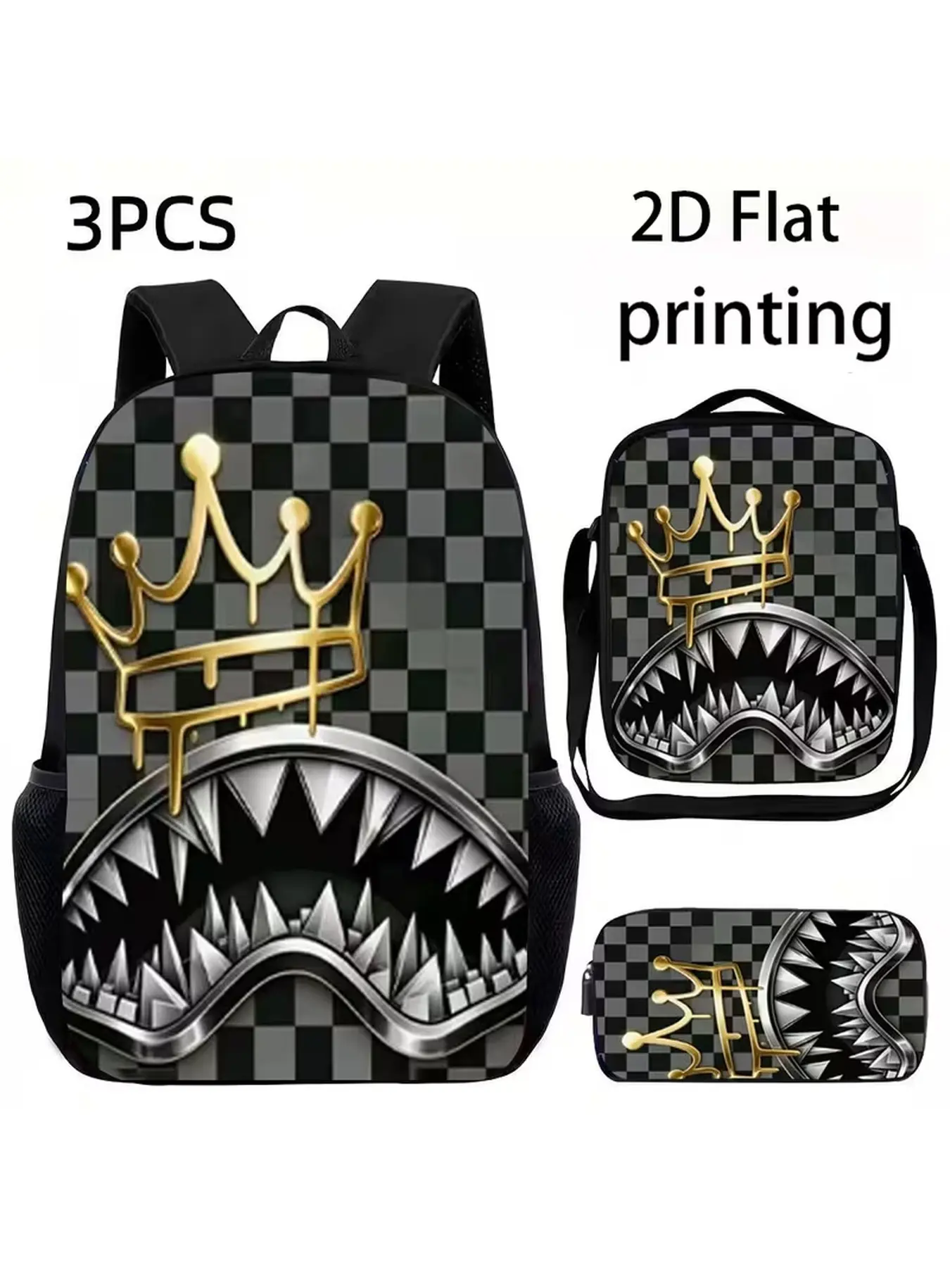 3Pcs Animal Backpack Set, Black White Checkered Shark Mouth Golden Crown Graphic School Backpack with Lunch Bag & Pencil Case, Back to School Gift, Christmas Holiday Gift for Kids Teens Boys, Large Capacity Student Bookbag