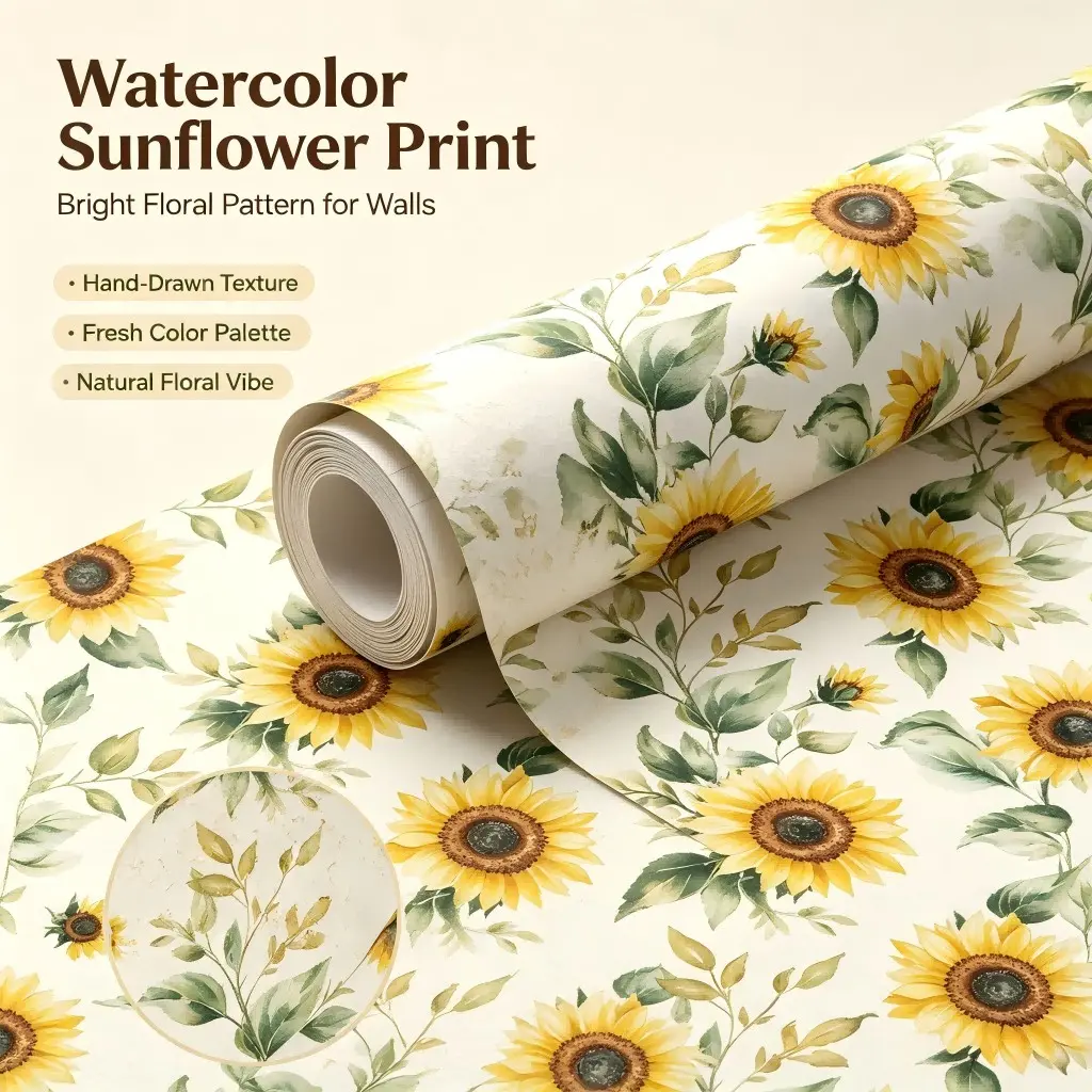 1Roll Watercolor Sunflower Peel and Stick Wallpaper, Boho Floral Removable Wall Mural, Yellow Sunflower Green Leaf Self Adhesive Wall Paper, Vintage Botanical Contact Paper for Bedroom Living Room Cabinets Decor, Easy to Install, Waterproof