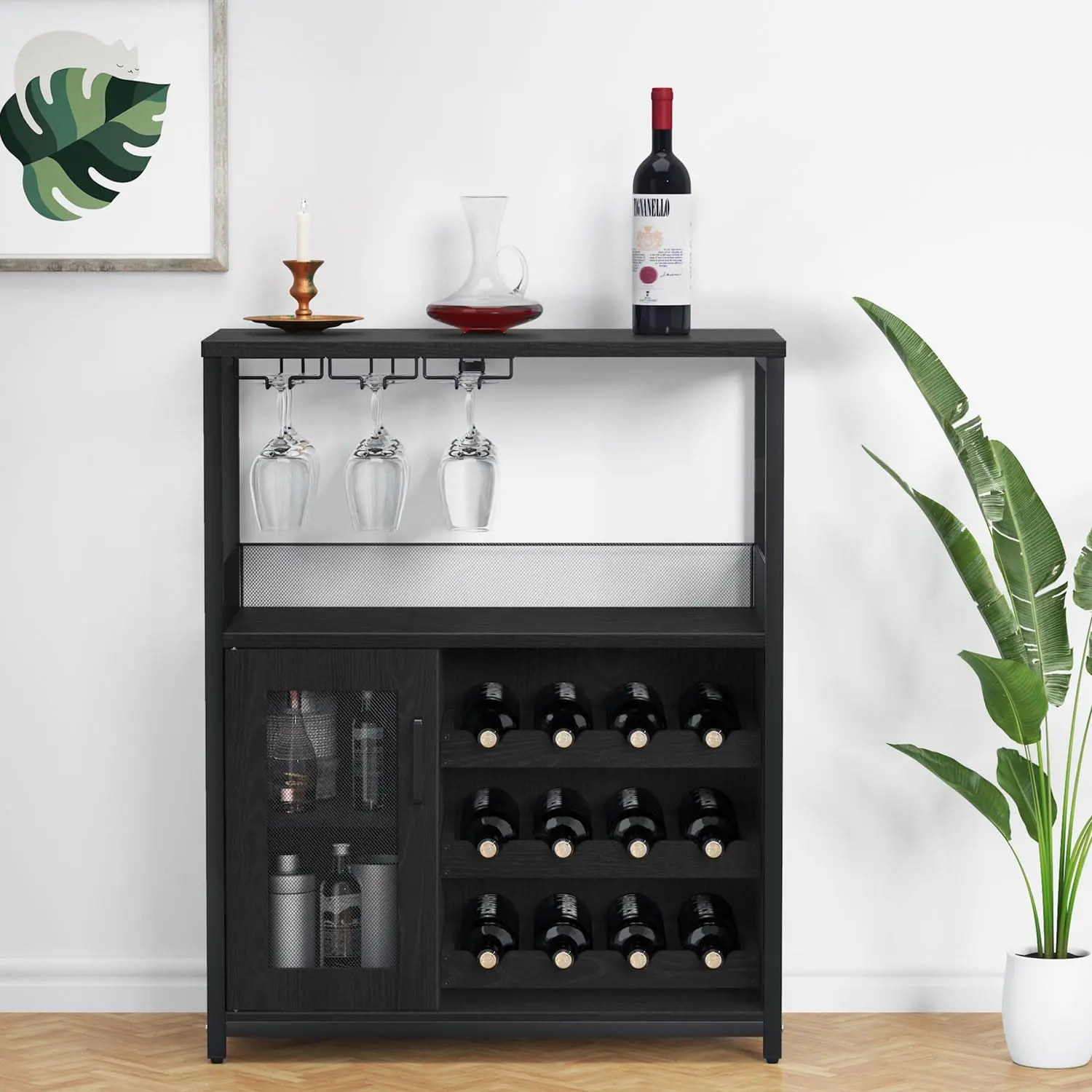 GARVEELarge Storage Wine Cabinet with Detachable Rack & Mesh Door, Grey - Black