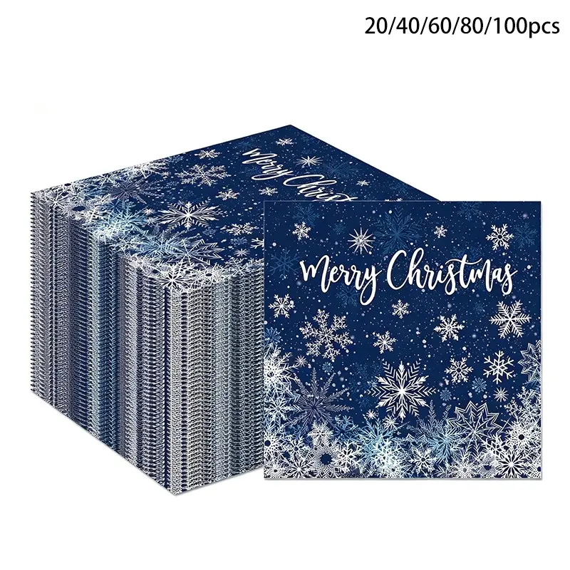 Christmas Party Napkins, Blue Snowflake Design, 20/40/60/80/100 Count, Holiday Decor, Gift for Family Friends, Indoor Outdoor Use