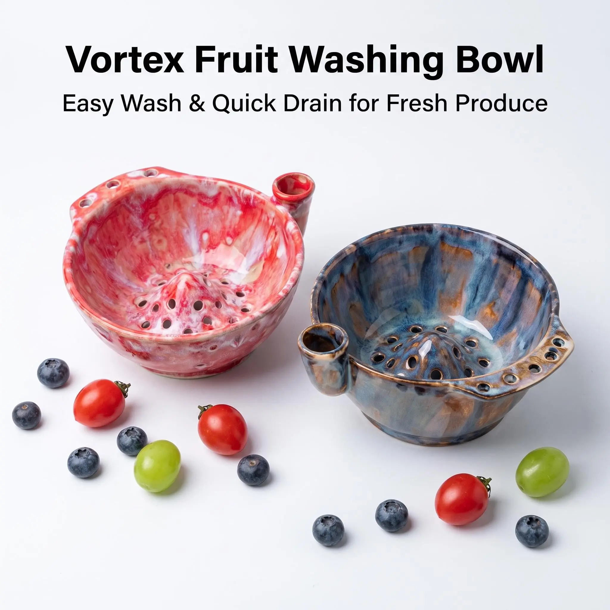 A ceramic berry cleaning bowl with automatic water flow vortex, fruit rinsing and draining bowl, handcrafted-style kitchen gift, berry cleaning tool, no more hand-washing fruits, perfect gift item