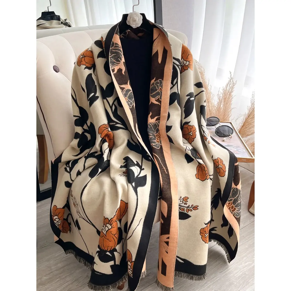 Women's Reversible Tencel Blanket Scarf, Elegant Dual-Color Floral Print with Fringe Trim, Thick Winter Wrap for Everyday Layering, Fringe Trim Shawl, Double-Sided, Italian Look