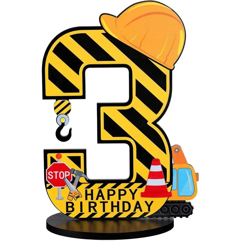 2D Flat Wooden Table Signs with Engineering Themes for Numbers 1-9, Excavator Hard Hat Themed Birthday Tabletop Decorations, Construction Vehicle Happy Birthday Ornaments, Suitable for Boys' 1st to 9th Birthday Party Supplies, Wooden Decor Plaque