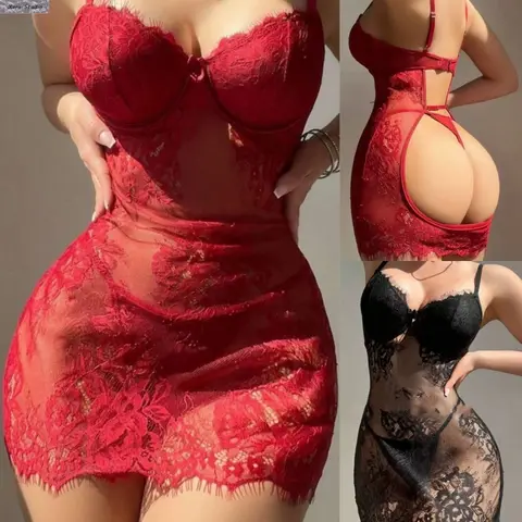 Women's 2-Piece Feminine Items Loungewear Set - Sheer Polyester Lace Spaghetti Strap Cami Dress with Open Back, Adjustable Straps, Matching Thong, Romantic Feminine Items for Adults, Date Night, Honeymoon