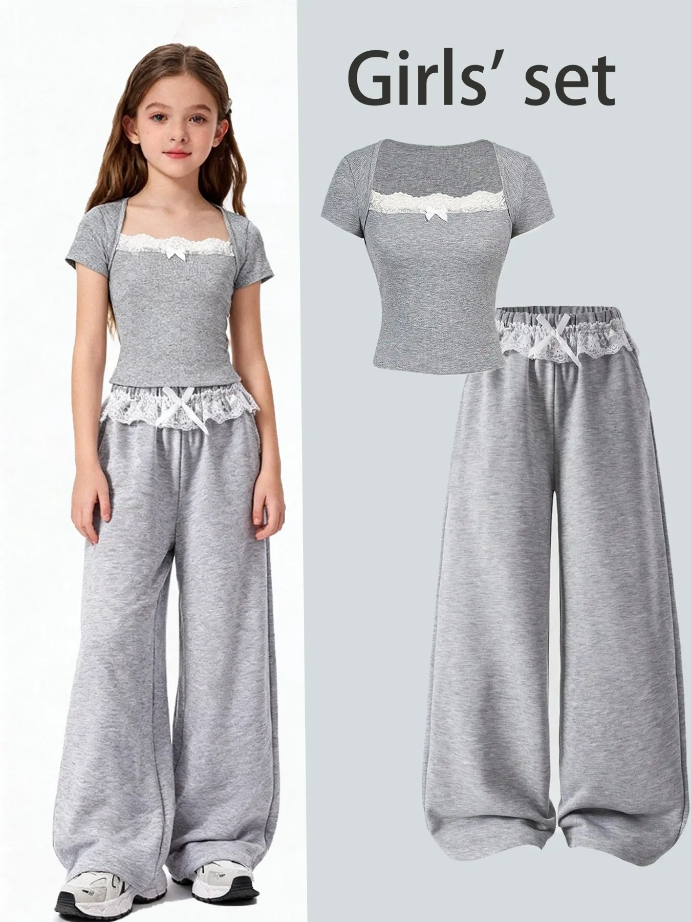 Girls' Spring Summer Fashion Set, Fitted T-Shirt and Sweatpants 2-Piece, Lace Trim and Bow Detail, Soft Comfortable Fabric