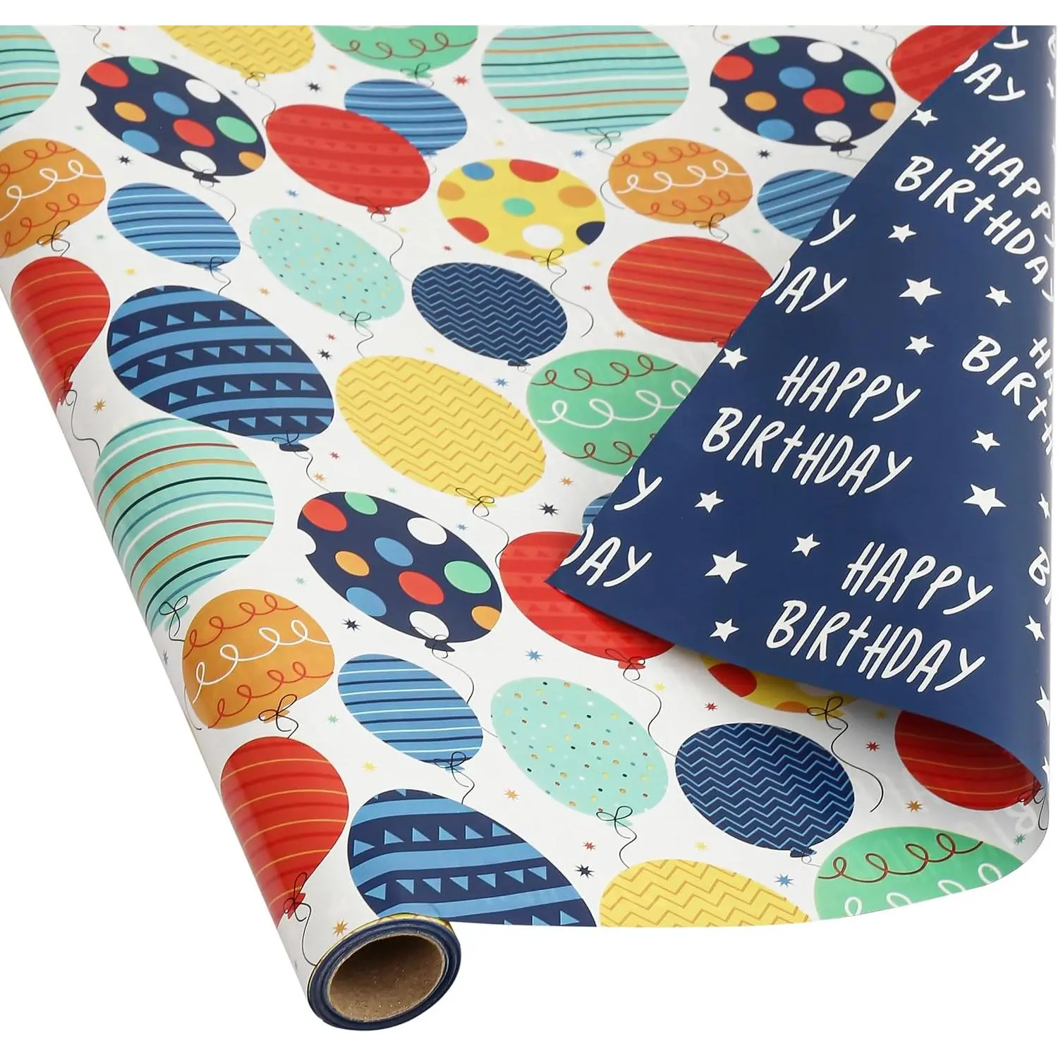 Reversible Birthday Wrapping Paper Roll for Boys Girls  Men Women - Colorful Balloon Happy Birthday and Stars -  Wrap Paper for Party Holiday