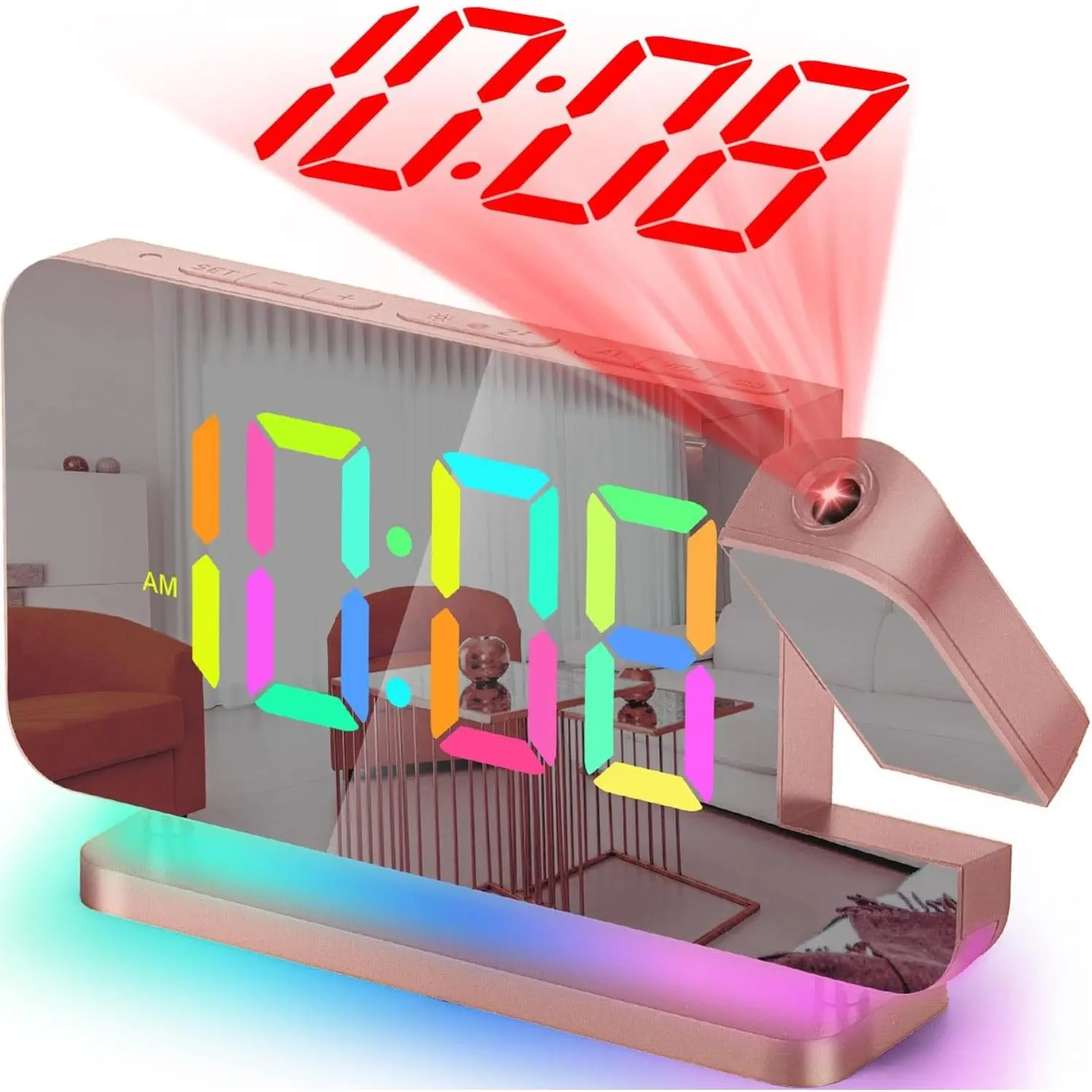 Projection Alarm Clock, 7.4" LED Mirror Digital Clock with Ceiling/Wall Projection, RGB Night Light, USB-C Charging Port, Auto Dimming, Modern Desk Clock for Bedroom Decor - Rose GoldGift