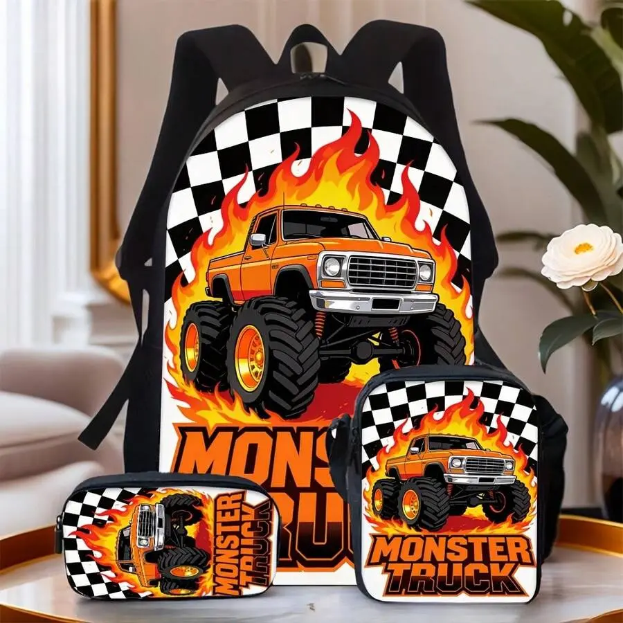 3Pcs Backpack Set 2D Print Three Pieces Cool Backpack Set With Flame Monster Truck Print Suitable For School And Daily Use Aesthetic Student School Bag For Daily, 17in Bookpack