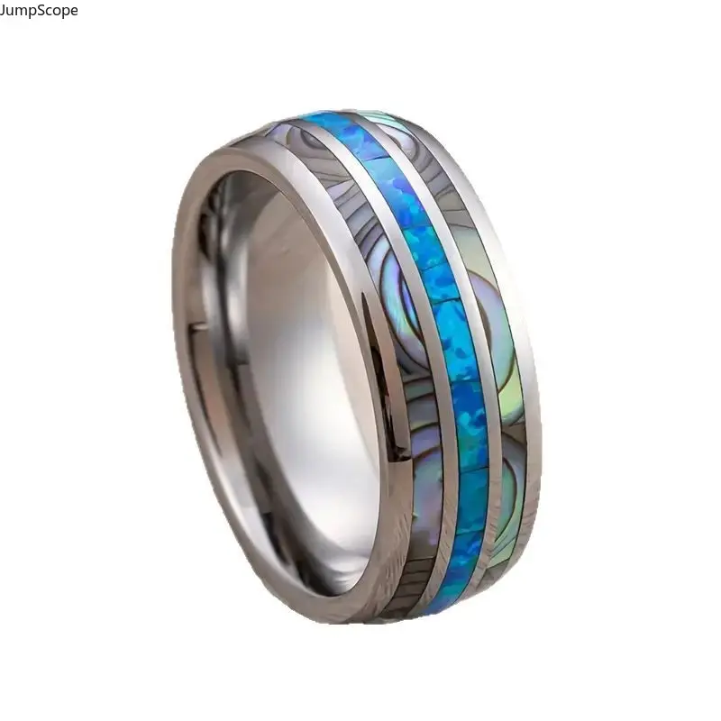 Men's 8mm Steel Wedding Band - Elegant Fashion Ring with Triple Channel Abalone Shell, Blue Opal Inlay, Ocean Inspired Steel Color, Comfort Fit for Daily Leisure Indoor Recreation