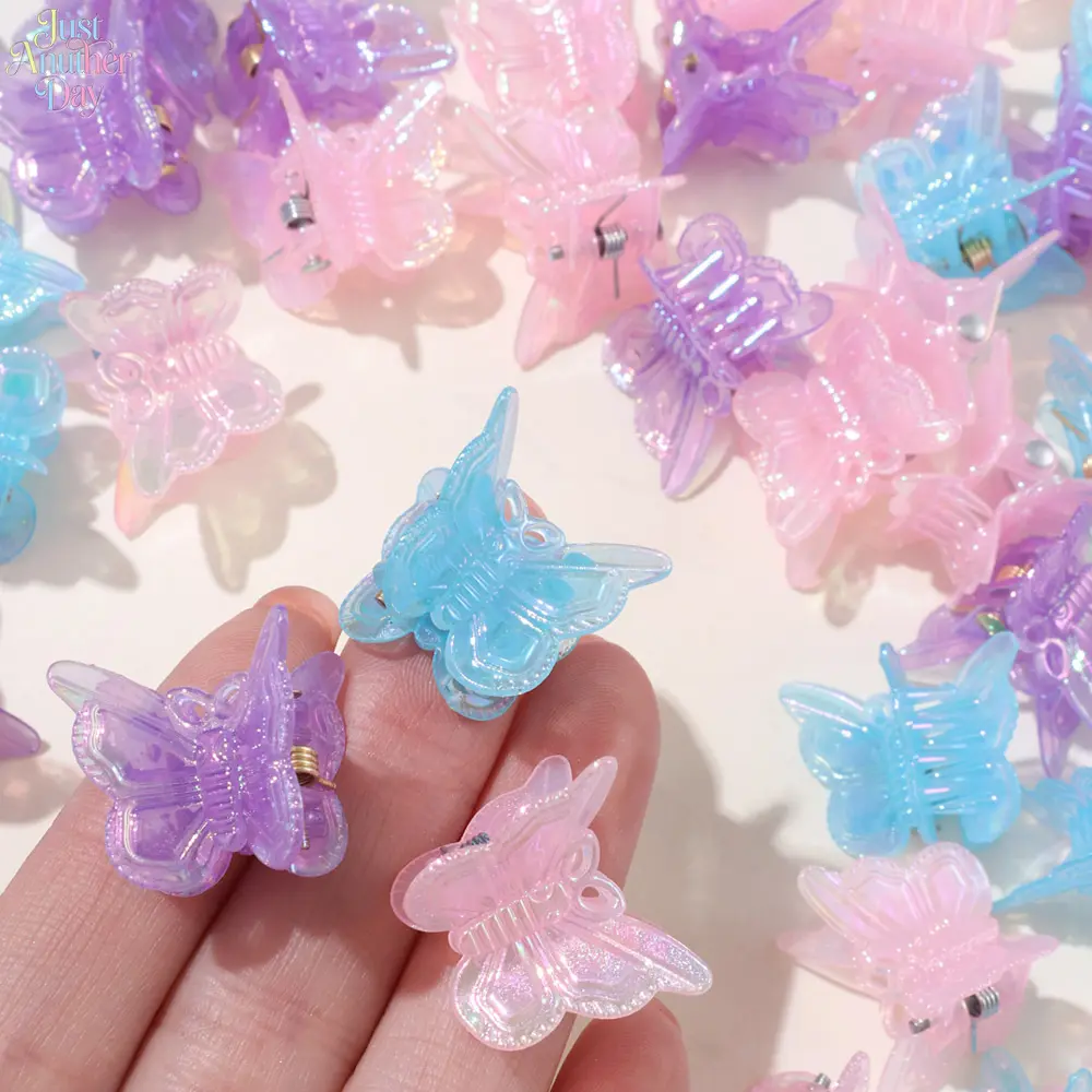 60Pcs Iridescent Pink Mini Butterfly Hair Claws For Girls Kids Transparent Shiny Small Hair Grips Bulk Fairy Hair Accessories For Daily Party Gift Goodie Bag Fillers