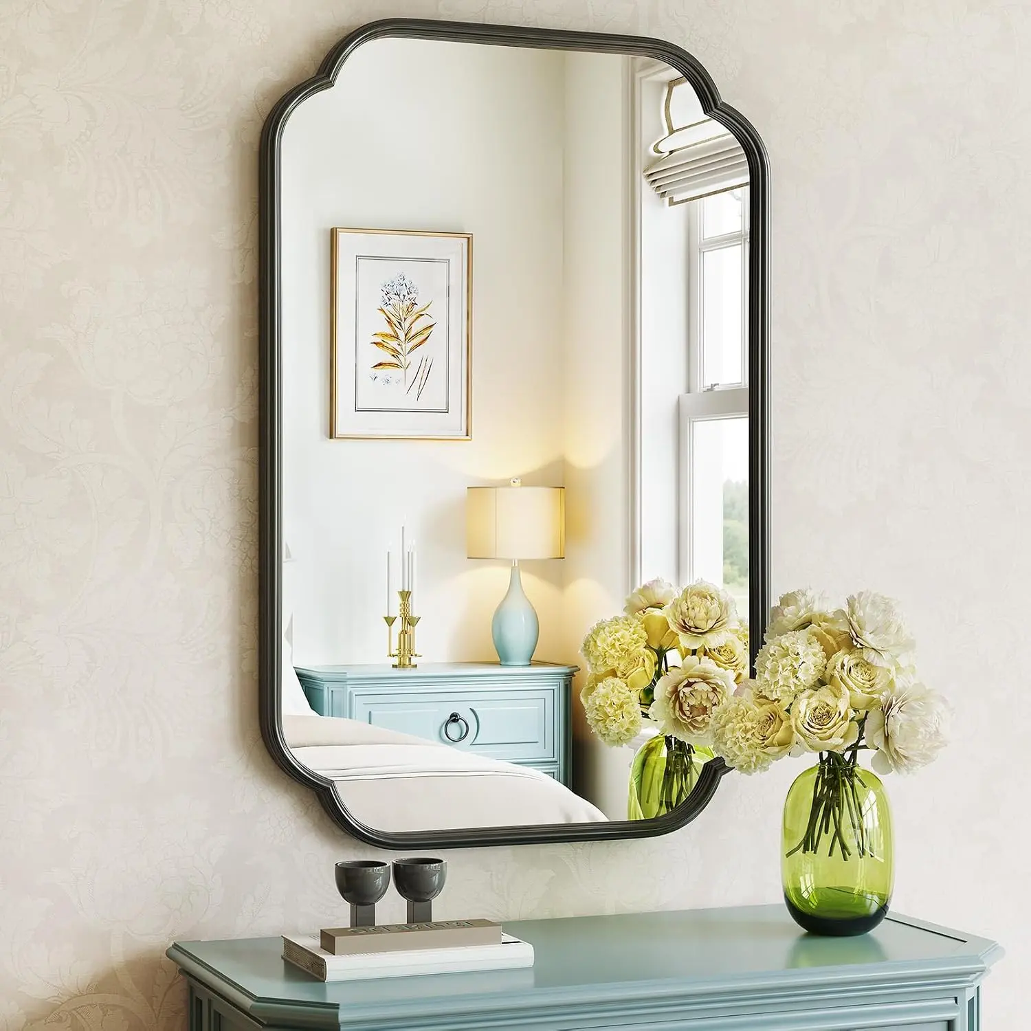 Black Bathroom Scalloped Mirror for Over Sink, 20” x 30” Rounded Corner Rectangle Wall Mirrors with Metal Frame, Modern  Mirror for Mantel, Living Room, Bedroom, Horizontal or Vertical