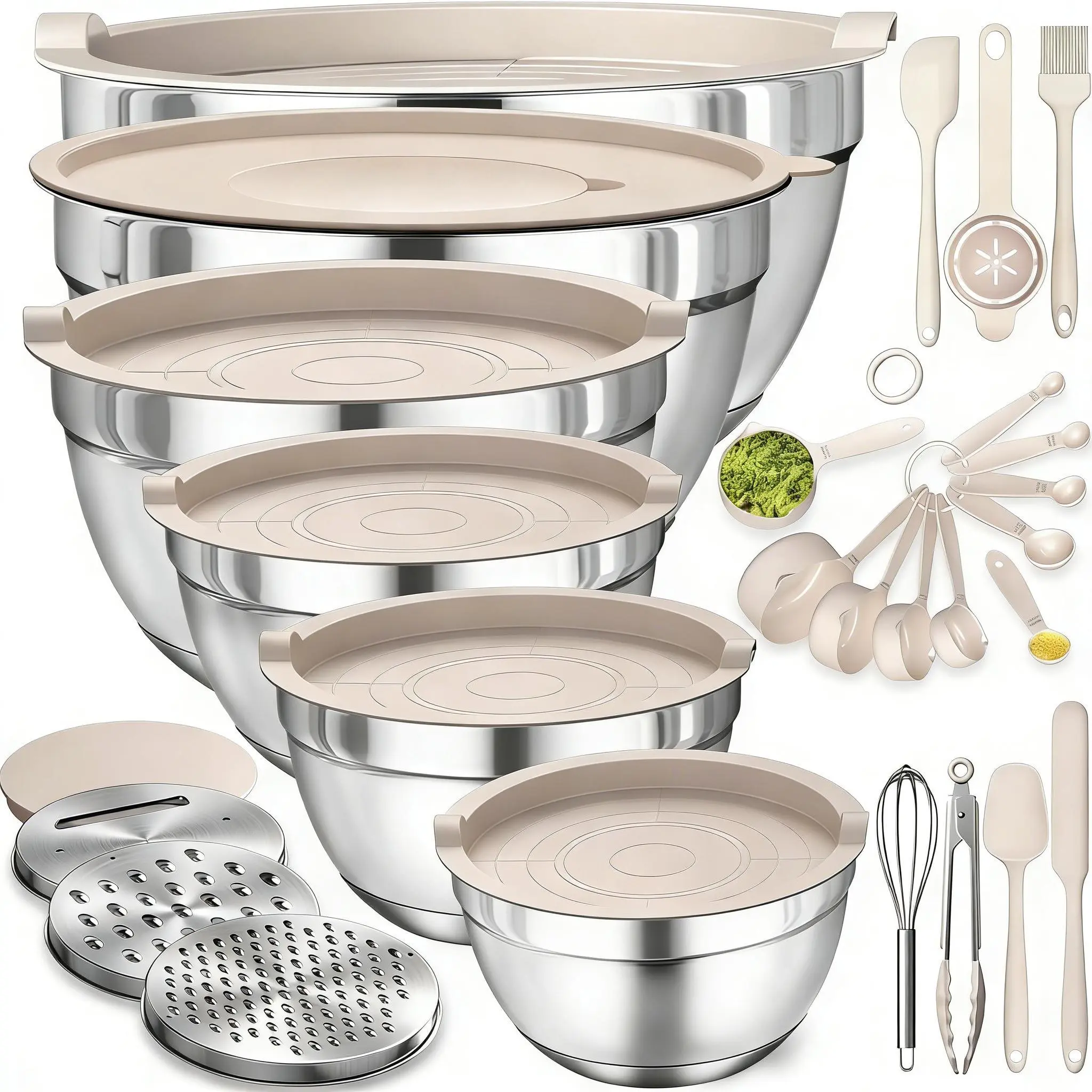 6-Piece Stainless Steel Salad Bowl Set with Airtight Colorful Silicone Lids - Multiple Sizes, Large Capacity, Mess Proof Bowls for Kitchen Food Prep, Cheese, Fruit, Fridge Storage, Includes 3 Graters & 8 Bonus Gadgets, Festive Tableware, Fruit Bowl
