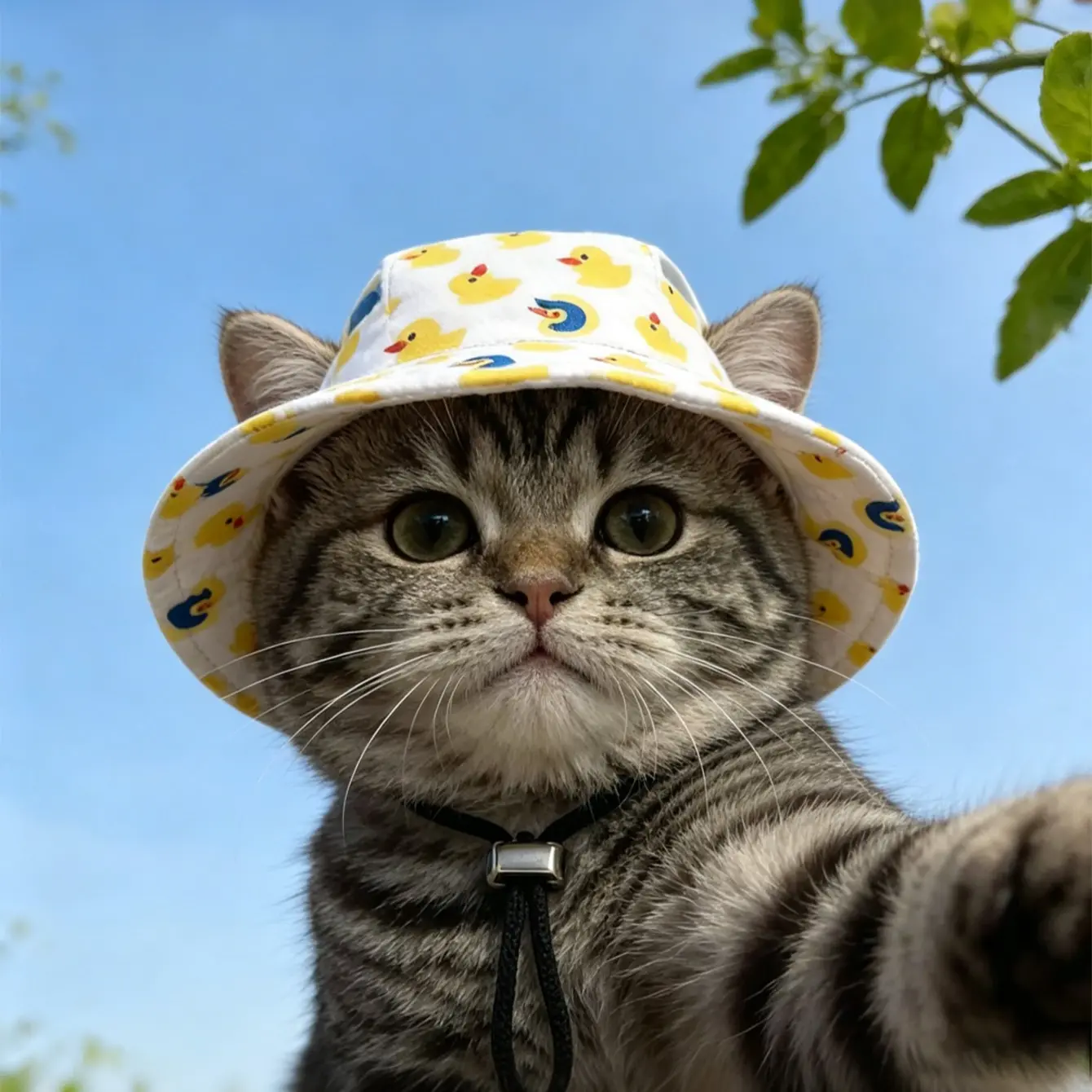 Super Kawaii Duck Print Dragon Li Cat Bucket Hat, Adjustable Kitten Sunscreen Hat, Trendy Outdoor Pet Headwear for Picnic & Travel