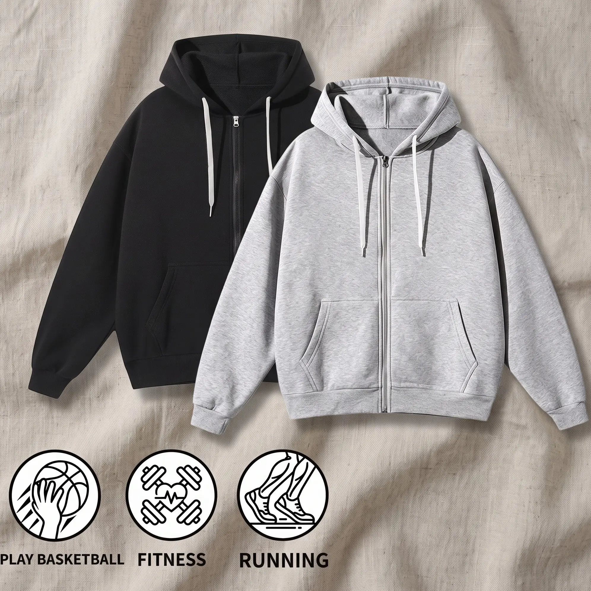 2-Pack Budget-Friendly Men's Solid Full-Zip Hooded Sweatshirts, Cozy Loose-Fit Drawstring Zip Jacket with Pockets, Ideal for Gym, Biking, Lounging, and Daily Outfits Hoodies.