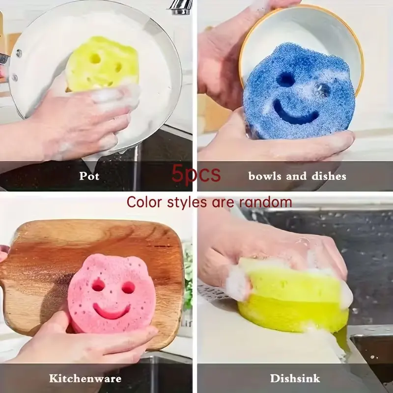 5-Pack Smiley Face Cleaning Sponges, Thick High-Density Scrubbing Sponges, Soft Durable Multi-Use Kitchen Bathroom Cleaners, Strong Stain Removal