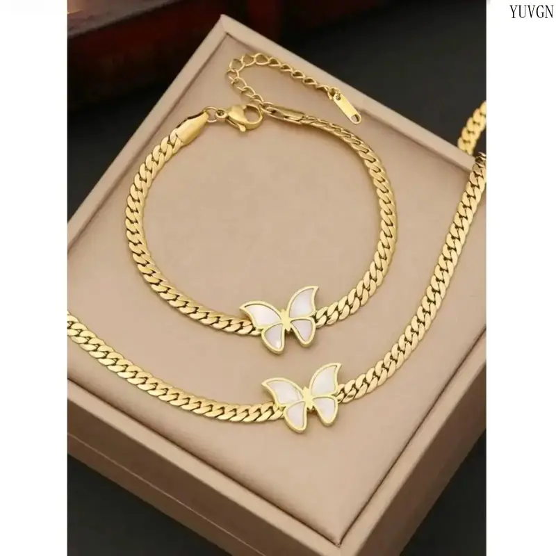 Women's 2-Piece Butterfly Motif Stainless Steel Jewelry Set - Gold Chain Necklace & Bracelet, Non Tarnish Jewelry, Elegant Gift-Ready Fashion Accessory for Summer Wins, Vacation & Beach Outfits, Gifts For Women, Tarnish Proof Jewelry tiktokshopbacktoschoo