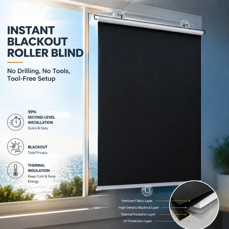 No Drill Instant Blackout Roller Shades, Self-Adhesive Suction Cup Thermal Curtain, 4-Layer Full Blackout & UV Protection Temporary Blinds for Bedroom & Car Windows, Window Shade Cover