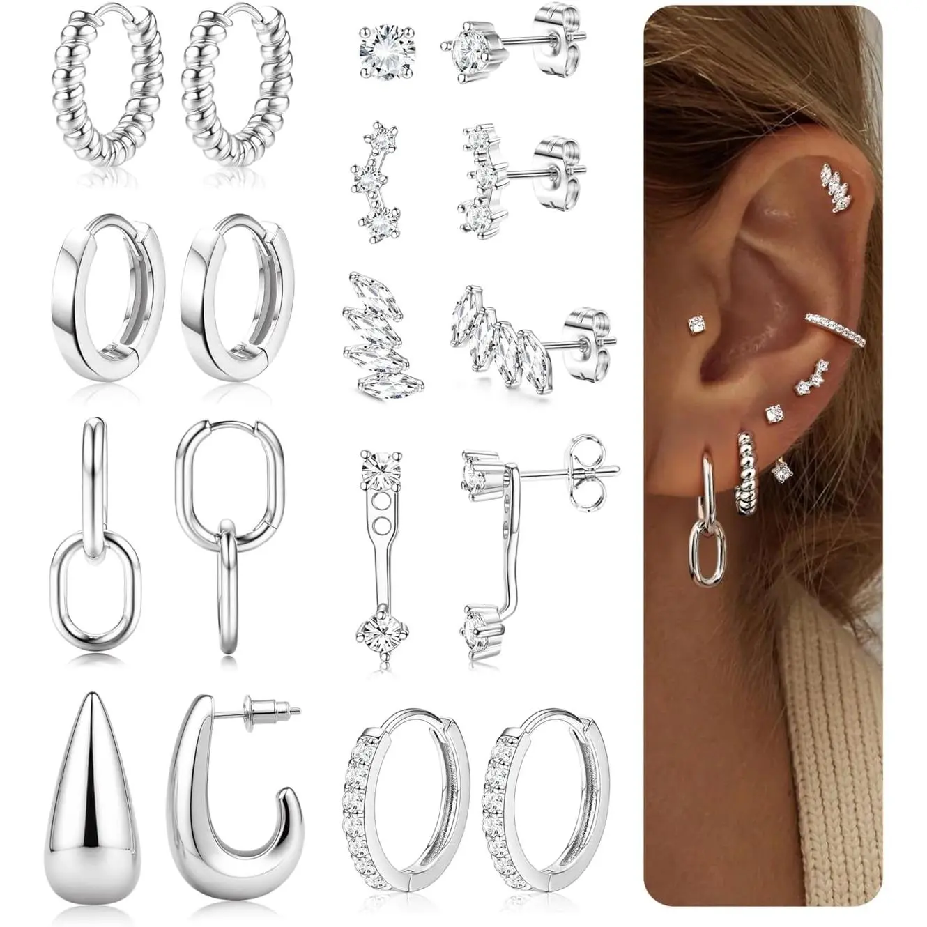 14K  Plated Hoop Earring Stacks for Women -Huggie Stud Hoop Earrings Small Stainless Steel Cartilage Earring Sets for Multiple  Lightweight 9Pairs