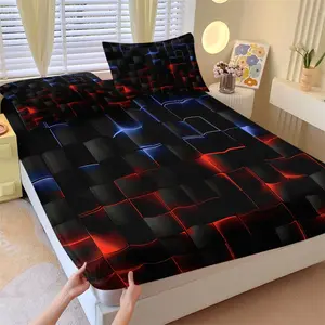 Red Blue Neon 3D Grid Tech Print Fitted Sheet Set-Neon Lines Outline 3D Squares-1 Bed Sheet & 2 Coreless Pillowcases-Soft Breathable Deep Pocket Non-Slip-Futuristic Technology Style Esport Room Dorm Decor