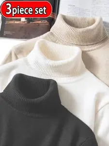 Men's Winter High-Neck Knit Polyester Sweater 3-Piece Set, Casual Fleece- Lined Long Sleeve Pullover, Warm for Daily Wear Knitwear