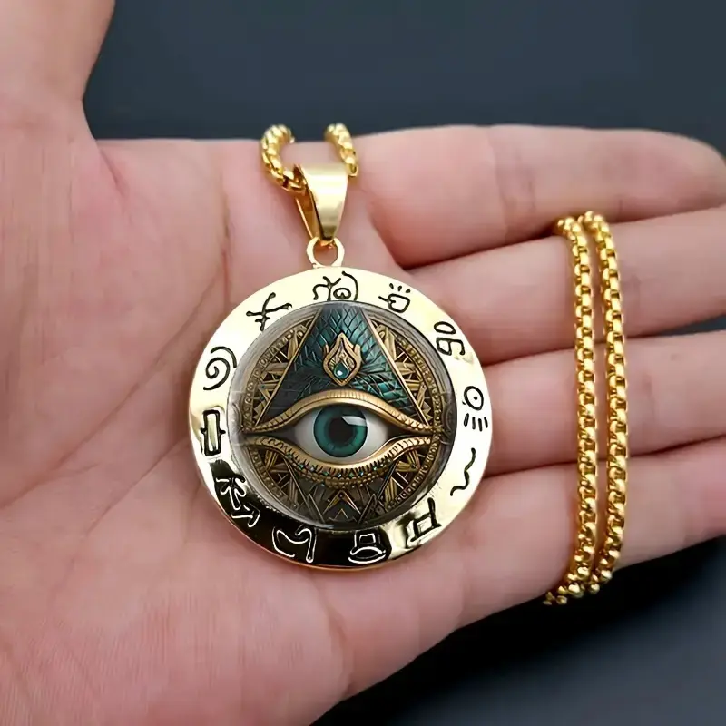 Women's Circle-Shape Glass Pendant Necklace - Glass Print Egyptian Cultural Motif & Eye Symbol, Female Costume Jewelry for Daily Wear, Fashion Jewelry Accessories, Chain Necklace, Ancient Egyptian Style Necklaces