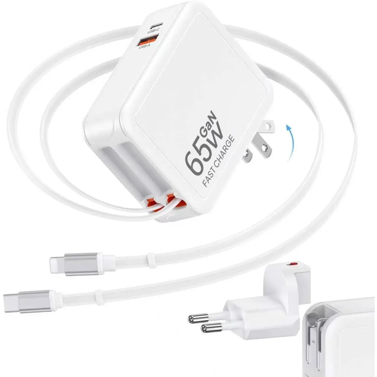 65W  Travel Adapter, 4-in-1 International Plug Adapter with Retractable CablesUSB PD   with Detachable EU Adapter,Worldwide Wall Charger for /EU/UK/AUS and Over 150 Countries