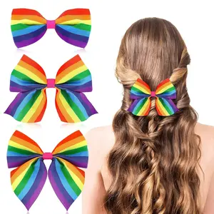 JUNEBRUSHS 6 Pieces Gay Pride Day LGBTQ Rainbow Hair Bow Holiday Pride Hair Accessories Rainbow Hair Clip for Girls Women Party Rainbow Accessories