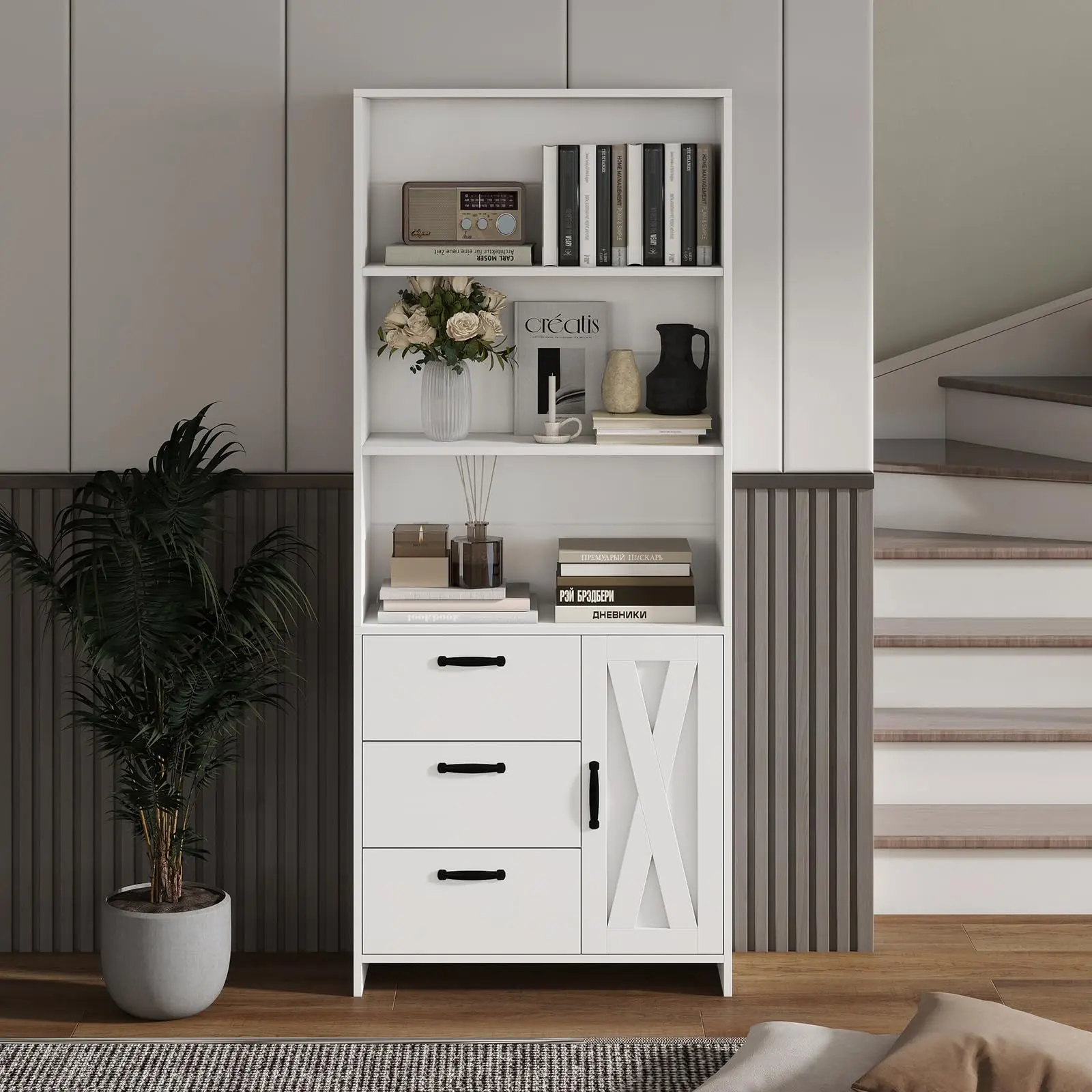 Neutral Contemporary Multifunctional Tall Wooden Bookshelf with 3-Tier Open Shelves, Drawers & Door, MDF Storage Cabinet Organizer for Living Room & Study, Includes Instructions, Bookshelf With Doors, Multifunctional Bookshelf