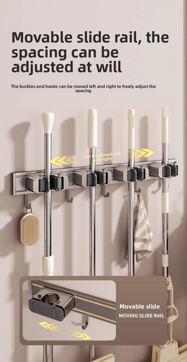 Space aluminum mop holder, no-drill multi-purpose mop hook, multifunctional wall-mounted bathroom broom storage rack