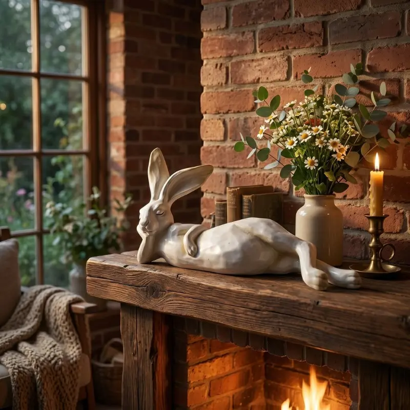Lazy Sleeping Bunny Resin Figurine Statue Homestyle Decor Figurines Decor, 12.6 Inch Large White Rabbit Decorative Sculpture Cozy Room Aesthetic, Unique Housewarming Birthday Gift for Cottagecore & Country Farmhouse Living Room Bedroom Mantel