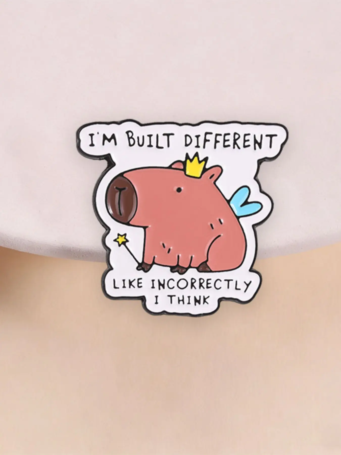 Cute Magic Sprite Capybara Enamel Pin, "I'M BUILT DIFFERENT LIKE INCORRECTLY I THINK" Funny Emoji Badge, Fashion Backpack Clothing Accessory, Fun Gift For Friends