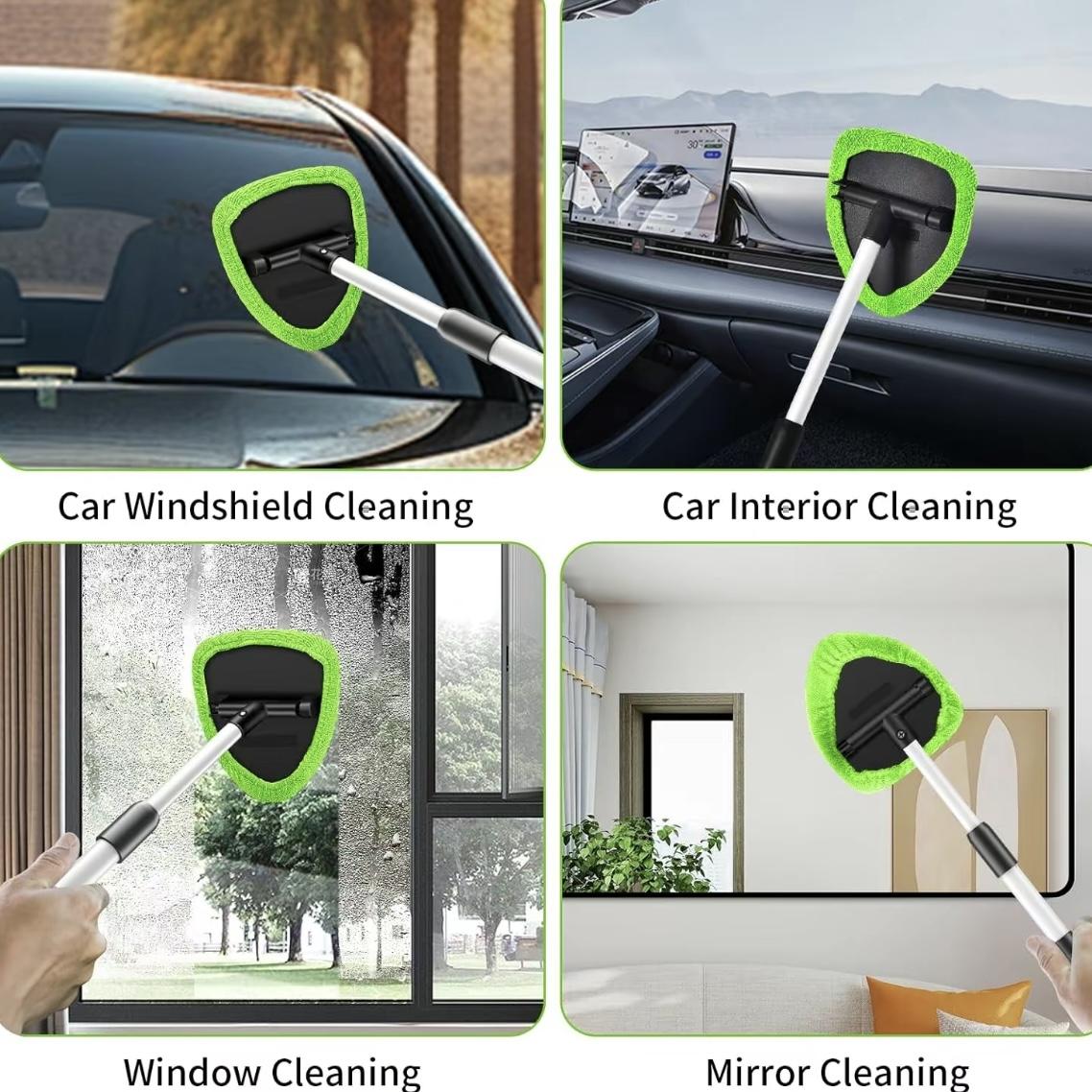 Windshield Cleaner Tool - Extendabie HandleAuto Glass Wiper Kit with 3 Reusable Washable Microfiber Pads,Perfect for Car Interior & Exterior,Cleans Dirty Windows Easily.