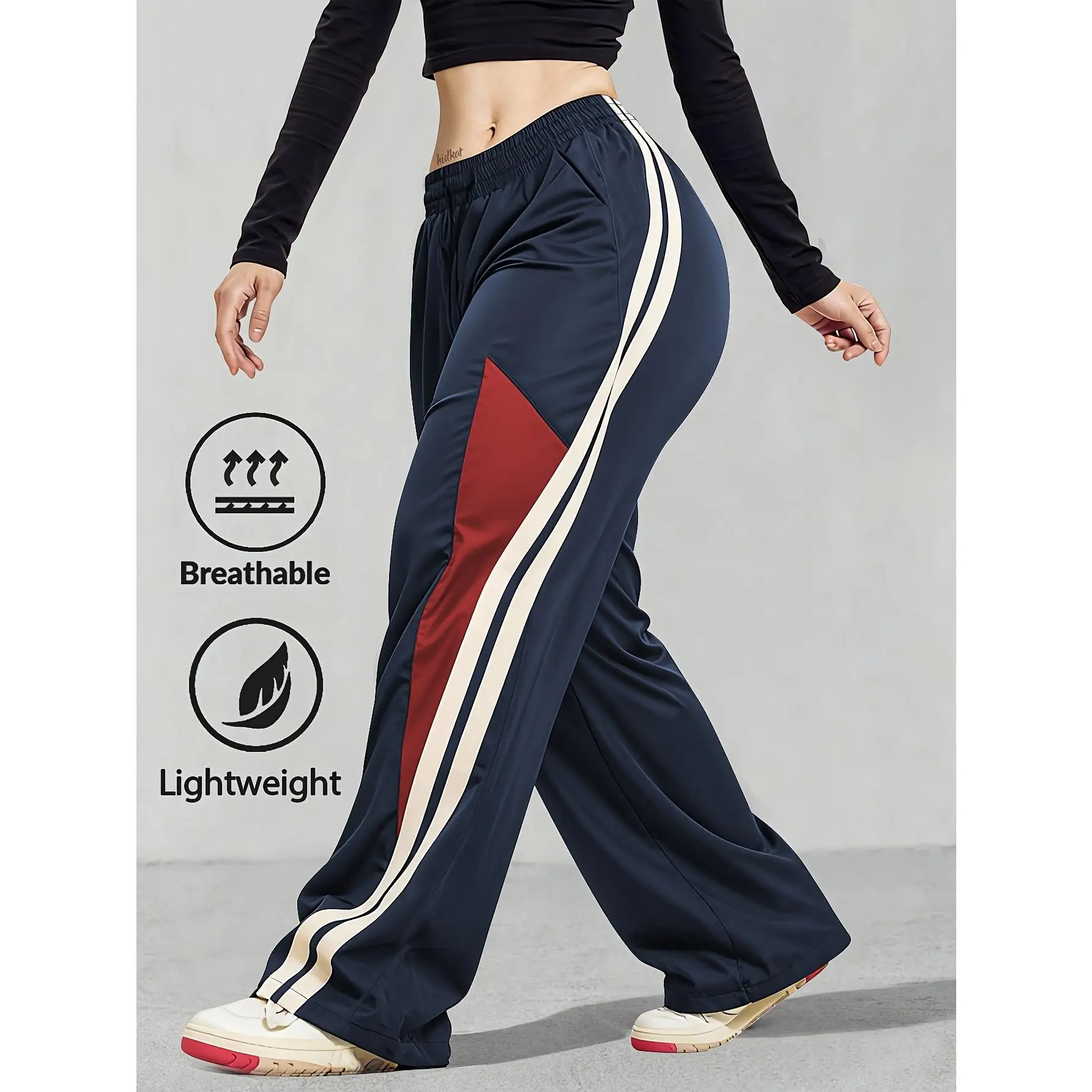 Women's Color Block Side Stripe Wide Leg Pants, Drawstring Elastic Waist Loose Casual Sports Trousers With Pockets