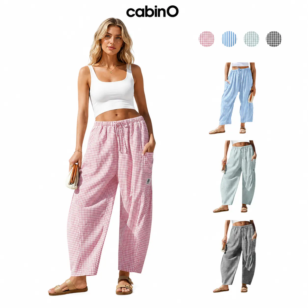 Cabino Women’s Pink Gingham Barrel-Leg Pants, Low-Rise Drawstring Elastic-Waist Loose Harem Trousers with Side Pockets for Spring Summer, Vacation, Travel and Casual Streetwear