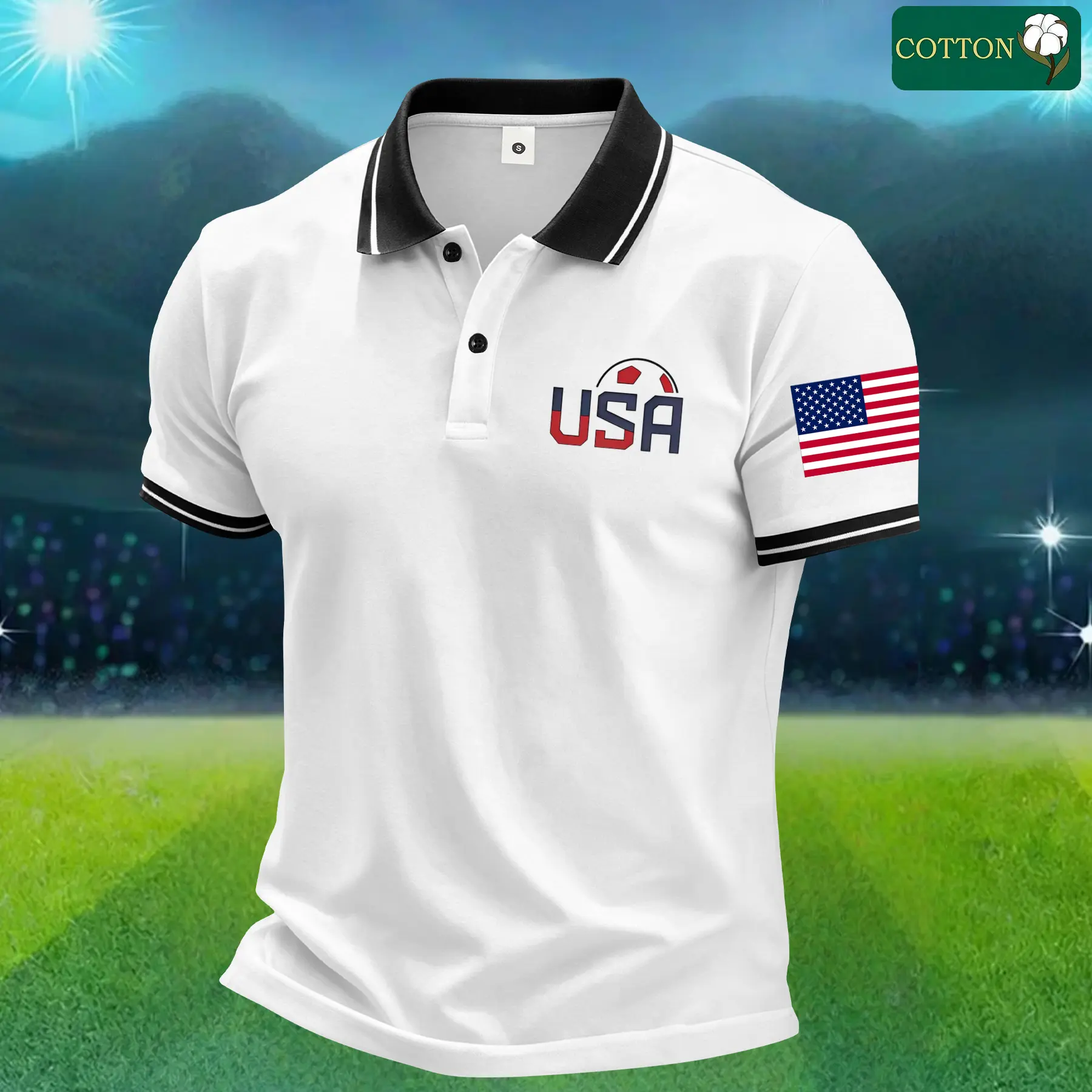 Men's Casual Cotton Polo Shirt, Sporty Chic Stars and Stripes Soccer Print, Short Sleeve Top with Contrast Trim, Mens Clothing,back to school,back to school shopping, Men's Wear